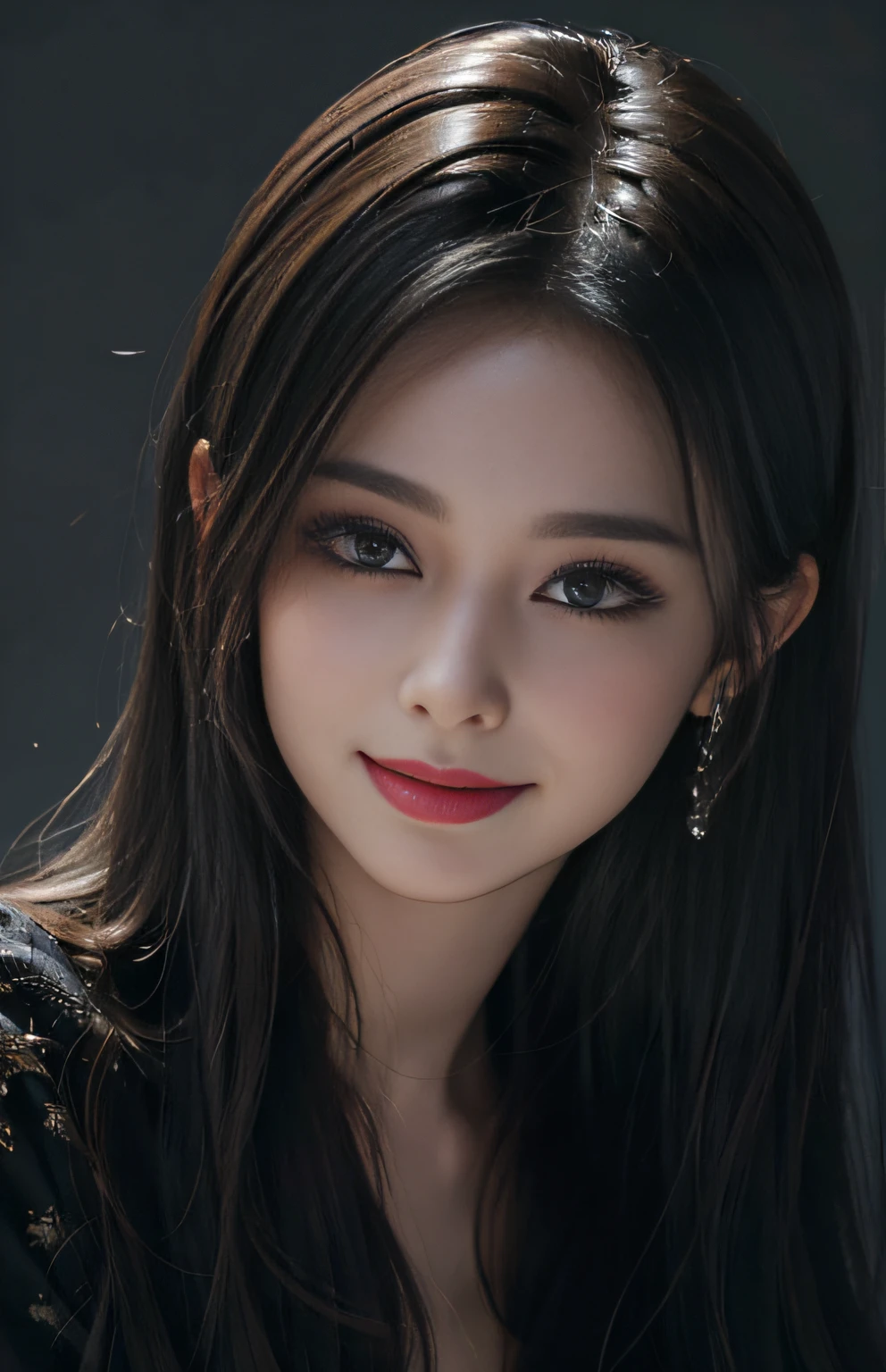 (Ultra Realistic), (Illustration), (Increased Resolution), (8K), (Extremely Detailed), (Best Illustration), (Beautiful and Detailed Eyes), (Best Quality), (Ultra Detailed), (Masterpiece ), ( wallpaper), (detailed face), solo, 1 girl, looking at viewer, fine details, detailed face, in the dark, deep shadows, low key, pureerosfaceace_v1, smiling, long hair, black shawl straight hair , 46 points oblique bangs
