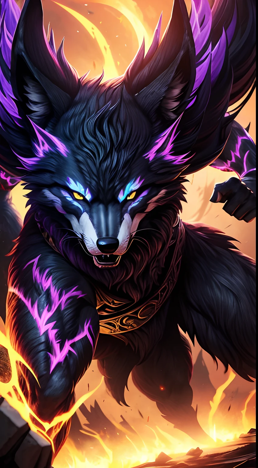 wolf mask creature, animated, fantasy colors, fighting pose, full body, magic energy background, masterpiece, ultra high details