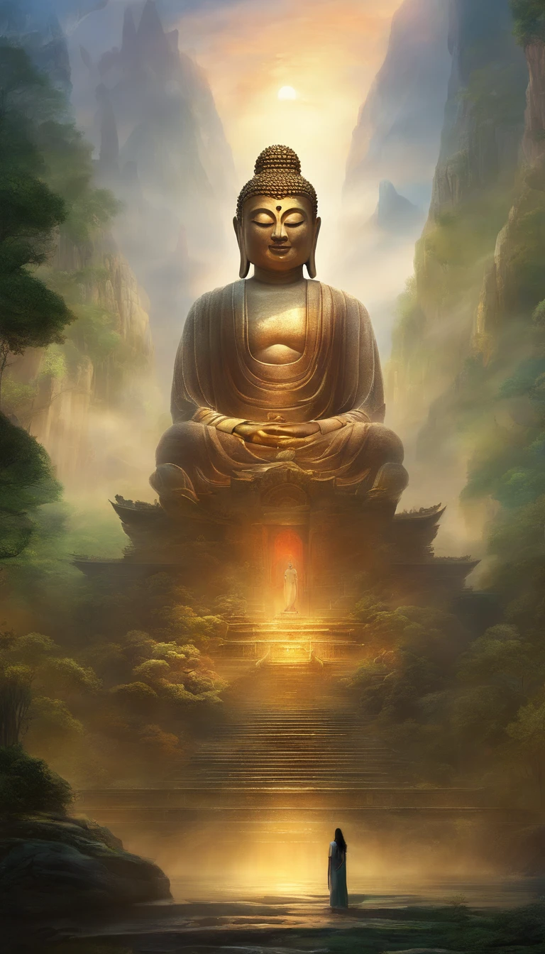 A giant, Realistic depiction of Leshan Buddha, Blend seamlessly with nature, surrealism, Ultra-detailed, Photorealistic:1.37, 3D rendering, Cinematic lighting, Divine light, Ultra-high definition, Masterpiece:1.2, Textured skin, Best quality, high resolution