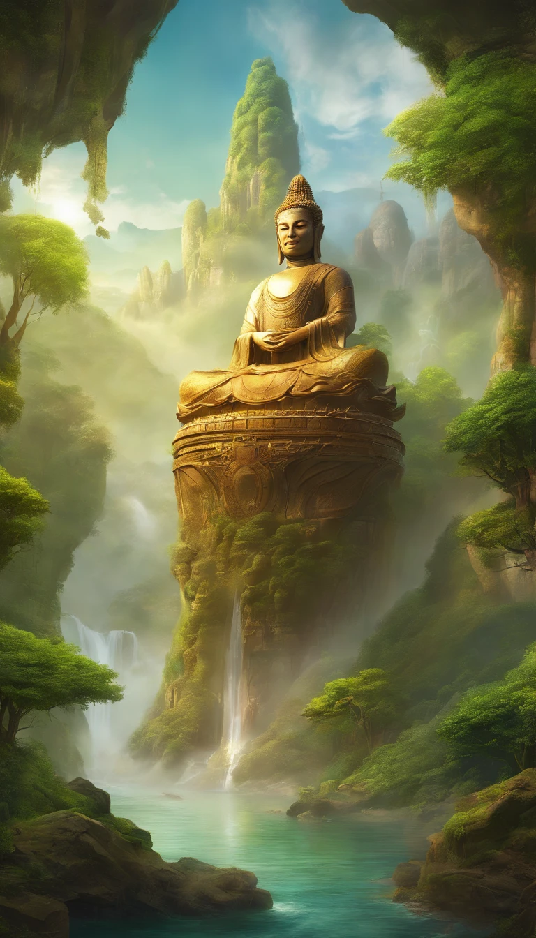 A giant, Realistic depiction of Leshan Buddha, Blend seamlessly with nature, surrealism, Ultra-detailed, Photorealistic:1.37, 3D rendering of, Cinematic lighting, Divine light, Ultra-high definition, Masterpiece:1.2, Textured skin, Best quality, high resolution