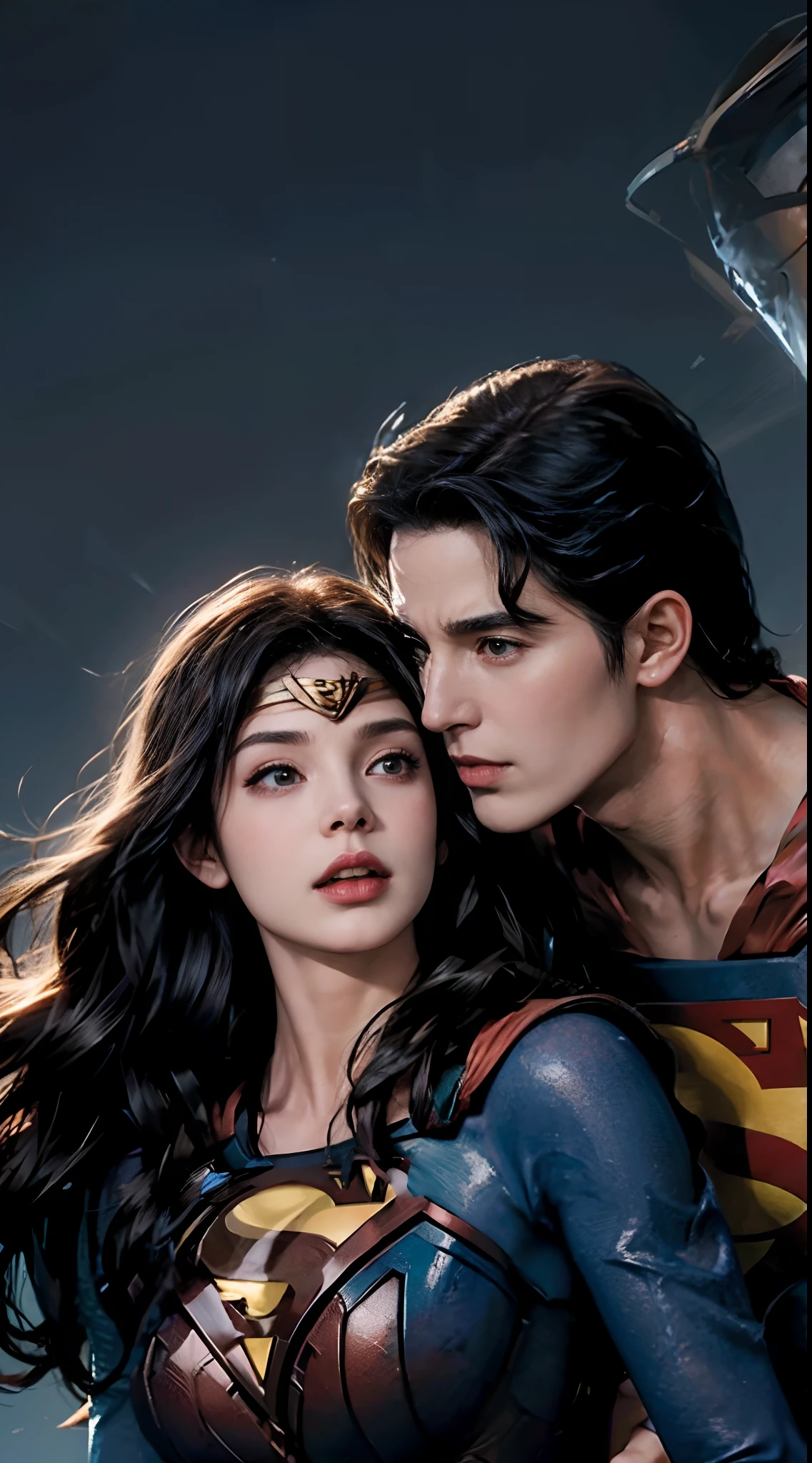 Superman and wonder woman are kissing each other deeply