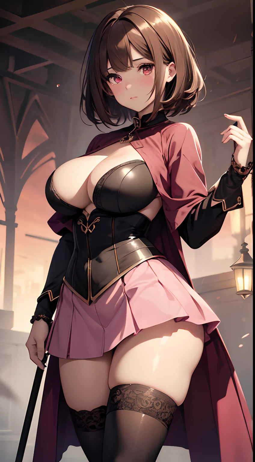 best quality, highly detailed, masterpiece, high res, 8k, detailed background, cinematic, detailed eyes, deep eyes, fine handshape, perfect face, curvy figure, fair skin, brown hair, perpetual pink blush on cheeks, cleavage, large round eyes, red eyes, short hair with short bangs, a black low-cut blouse with pale pink design down the middle, pink miniskirt, black stockings, brown boots, holding a silver staff, casting a spell, energy gathering in the staff,