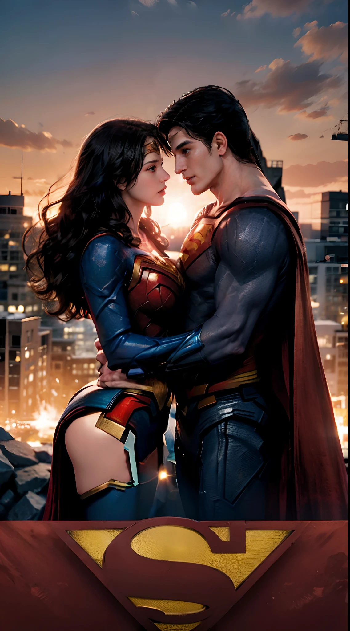 Superman and wonder woman are kissing each other deeply