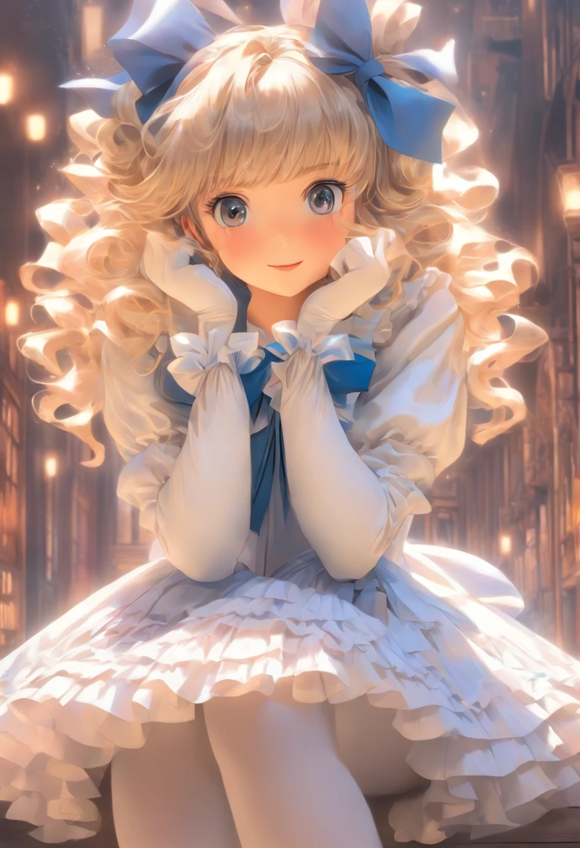 {{white_frilled_dress}},{{white pantyhose}}, {long sleeves},{juliet_sleeves},{puffy sleeves},white hair bow,Skirt pleats,blue dress bow,blue_large_bow,white glove