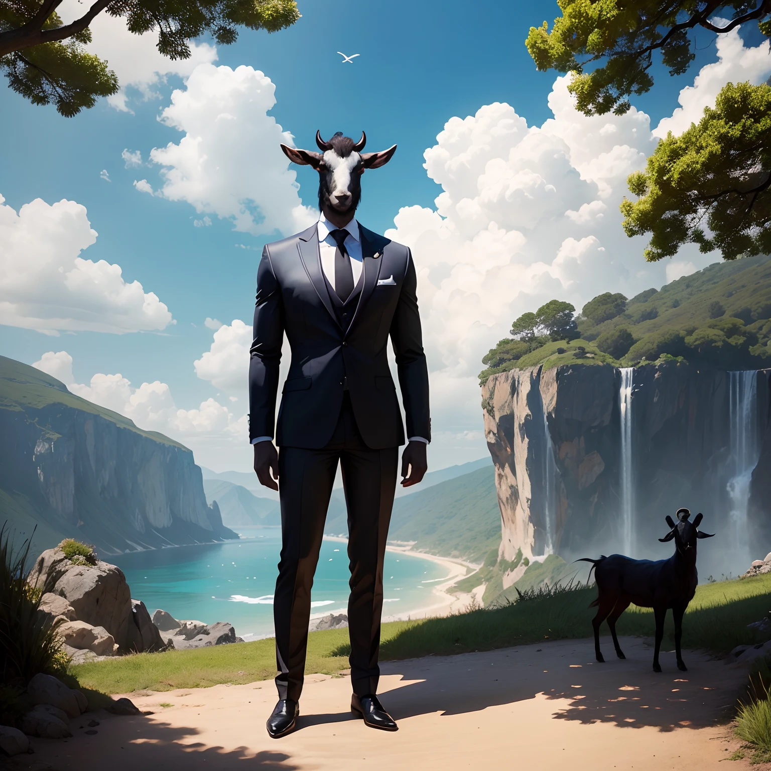 There is one adult character on this picture. The character is a slender anthropomorphic male black horse, black fur, slender character, slender, barefoot, digitigrade, hooves, horse tail, male bare chest, bare chested male, topless male, black nipples, black areolas, nude, naked, black balls, visible balls, balls, black testicles, visible testicles, testicles, black flaccid penis, visible black flaccid penis, black flaccid penis, visible male genitals parts, nsfw. The scene takes place on lavender field. The character is walking on a lavender field. Lavender field on the background. South european village the background. Mediterranean village on the background. Day. Warm light. Summer. Fullbody. Full body.