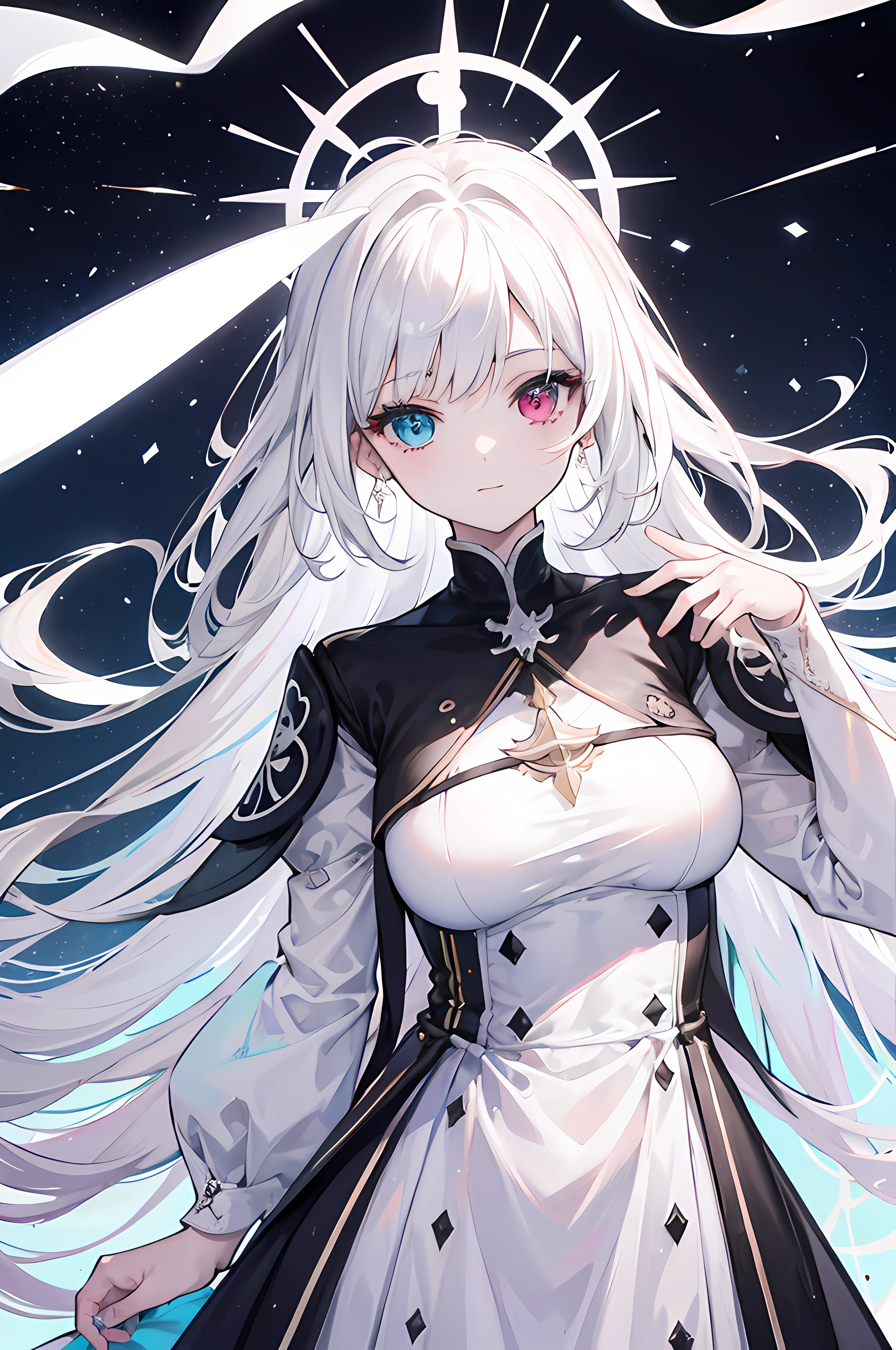 Mujer de pelo blanco, alas celestiales, heterochromia, sonrojada, sonriente, mirando hacia arriba, vestido blanco y negro, fondo de universo, levantando un brazo hacia arriba, high resolusion, ultra-sharp, 8k, obra maestra