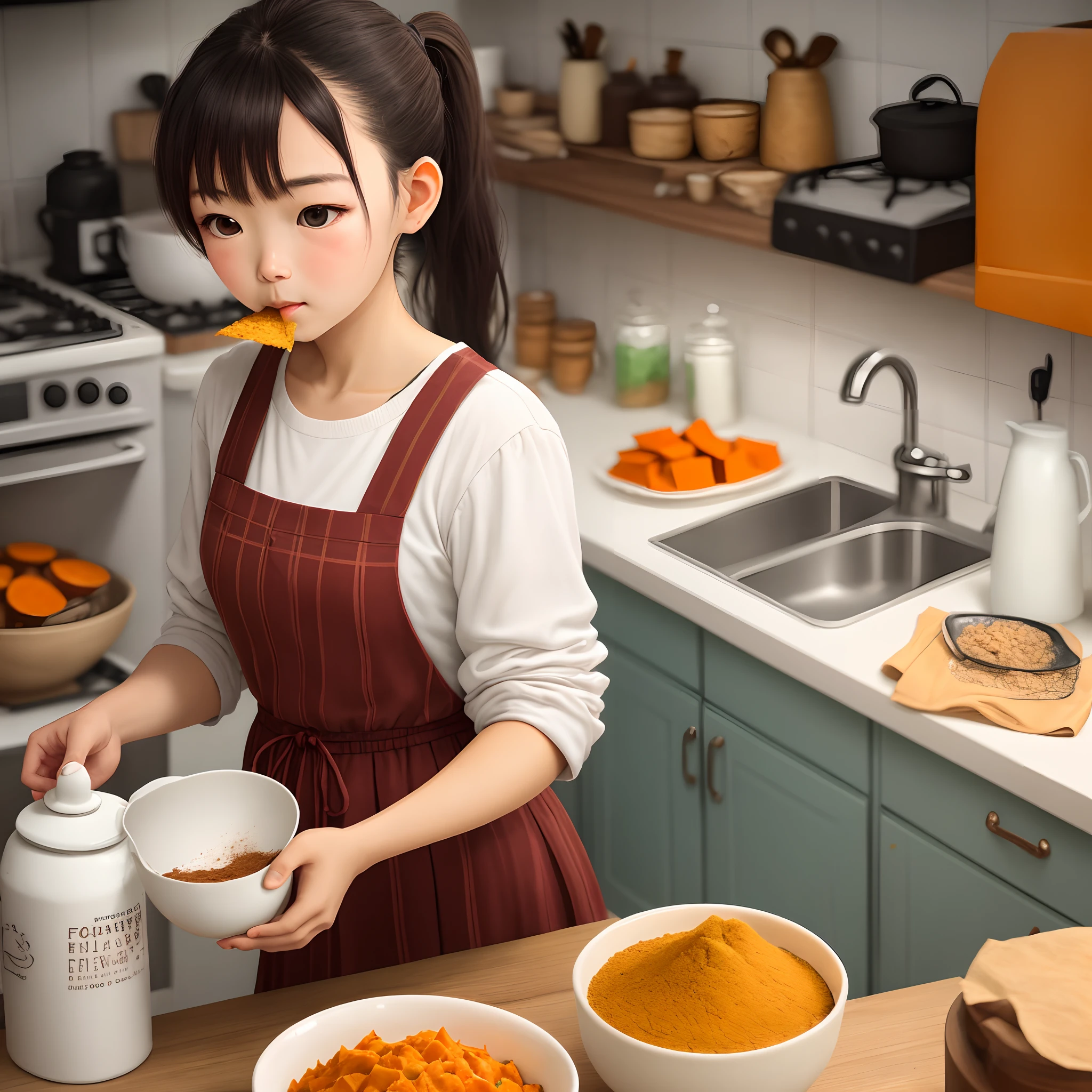 A girl with a double ponytail eats a bowl of fragrant sweet potato flour,The home is neat and clean
