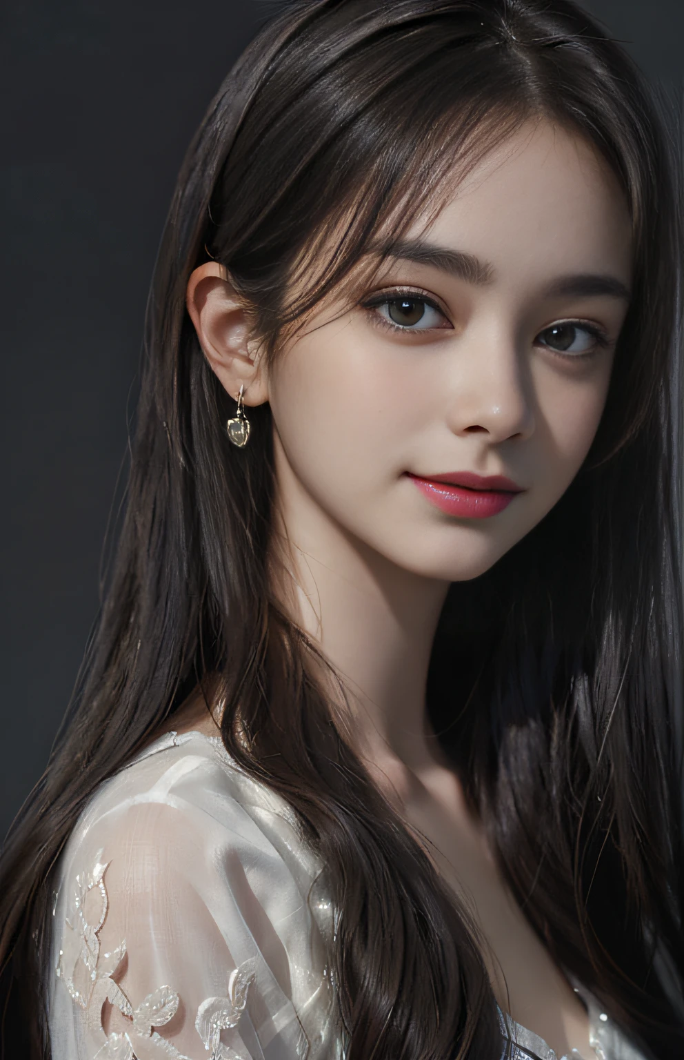 (Ultra Realistic), (Illustration), (Increased Resolution), (8K), (Extremely Detailed), (Best Illustration), (Beautiful and Detailed Eyes), (Best Quality), (Ultra Detailed), (Masterpiece ), ( wallpaper), (detailed face), solo, 1 girl, looking at viewer, fine details, detailed face, in the dark, deep shadows, low key, pureerosfaceace_v1, smiling, long hair, black shawl straight hair , 46 points oblique bangs