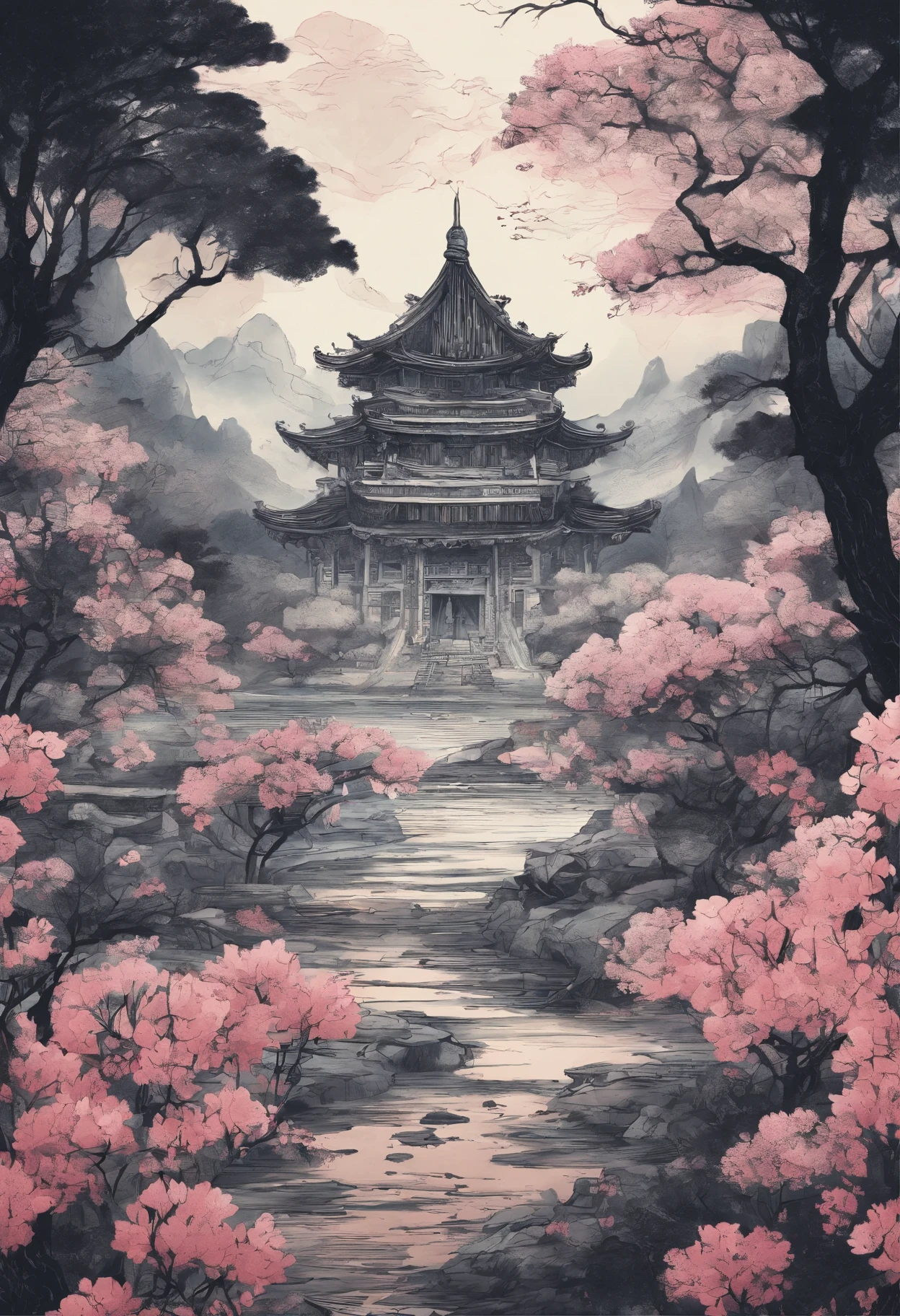 Field with beautiful flowers (close-up cleavage), meditate, Zazen, A meditative (Chinese landscape painting), (ink and watercolor painting), (8k wallpaper), (Light and Shadow Effect), rendering by octane, White balance design, Extremely detailed image representation, Wide angles, depth of fields, masterpiece, realistic, beautifully portrayed, a detailed, accurate, Masterpieces, masterpiece”