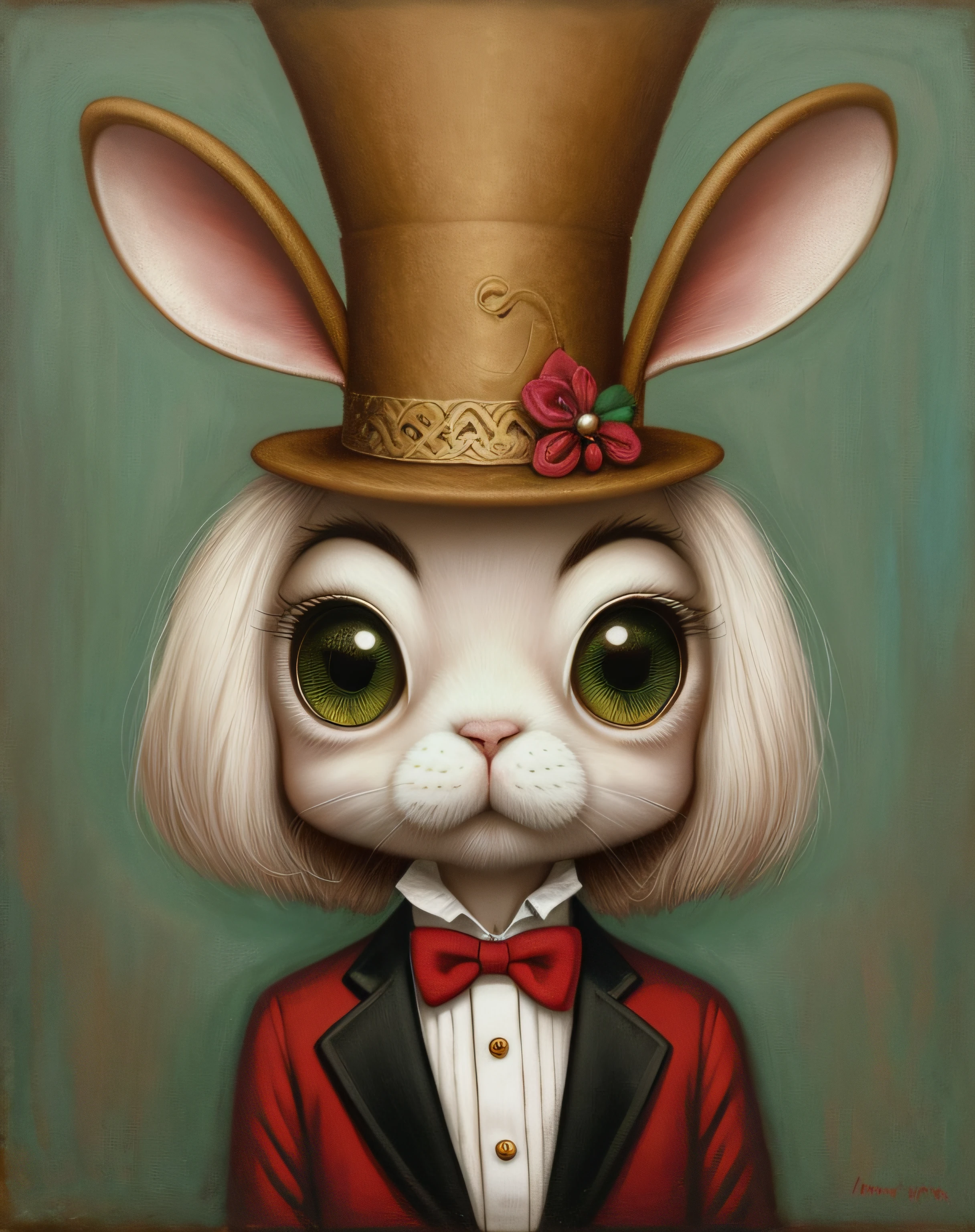 Pintura de un conejo con un sombrero de copa y una pipa en la boca, Retrato de un conejito de Bugs, anthropomorphic rabbit, Estilo Mark Ryden, Mark Ryden muy detallado, Mark Ryden en el estilo de, Estilo de Mark Ryden, cute anthropomorphic bunny, por Mark Ryden, Surrealismo pop lowbrow