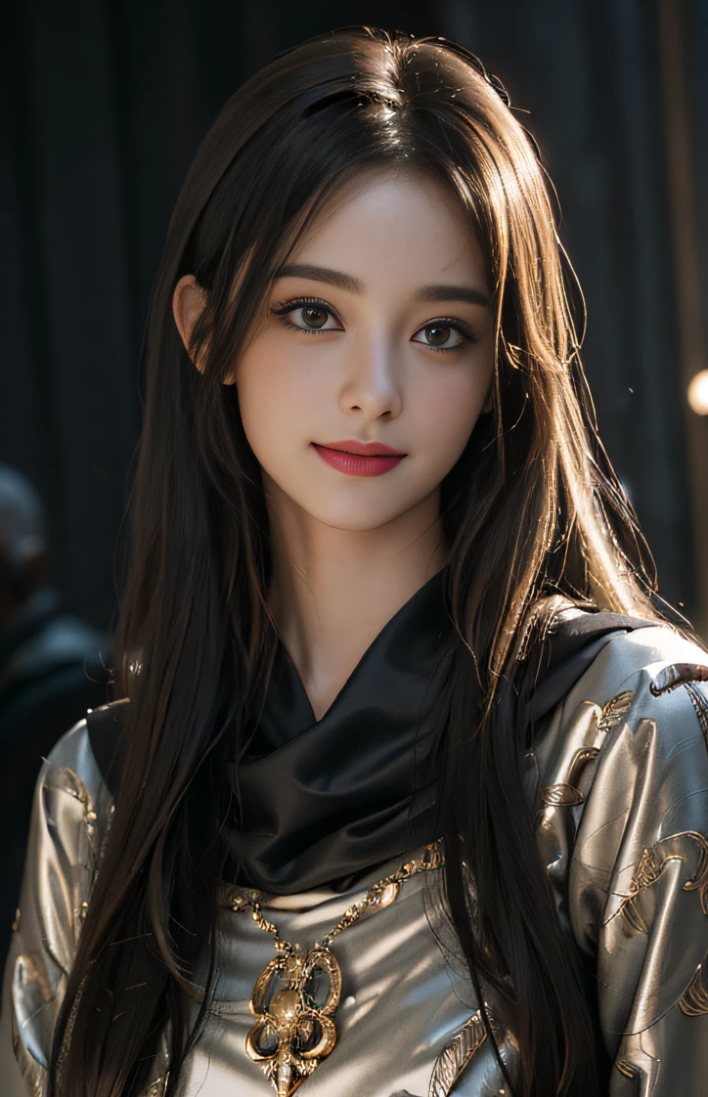 (Ultra Realistic), (Illustration), (Increased Resolution), (8K), (Extremely Detailed), (Best Illustration), (Beautiful and Detailed Eyes), (Best Quality), (Ultra Detailed), (Masterpiece ), ( wallpaper), (detailed face), solo, 1 girl, looking at viewer, fine details, detailed face, in the dark, deep shadows, low key, pureerosfaceace_v1, smiling, long hair, black shawl straight hair , 46 points oblique bangs
