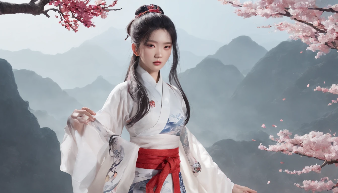 Luna Freya Knox Frey,动态照明,art stations,poster for,Volumetriclighting,Very detailed faces,4k wallpapers,He has a delicate and beautiful face,long hair flowing,horse tailed,Fringed Hair Ornament,Dynamic perspective,White Hanfu,White gauze flying,red waistband,Sexy,Tradition Chinese Ink Painting,Surrounded by clouds,cherry blossom,fog atmosphere,Ride a white dragon,White dragon horn,dynamic viewing angle,电影灯光