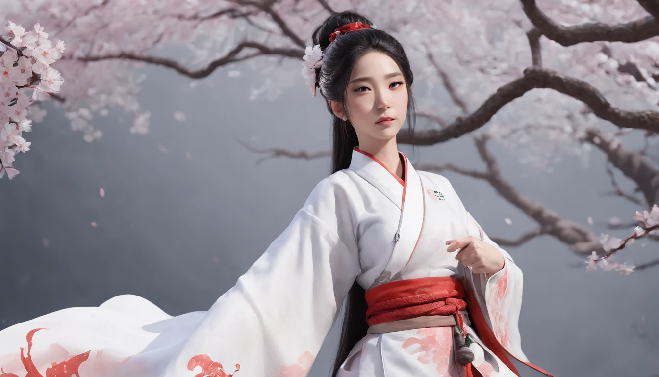 Luna Freya Knox Frey，动态照明，art  stations，poster for，Volumetriclighting，Very detailed faces，4k wallpapers，He has a delicate and beautiful face，long hair flowing，horse tailed，Fringed Hair Ornament，Dynamic perspective，White Hanfu，White gauze flying，red waistband，Sexy，Tradition Chinese Ink Painting，Surrounded by clouds，cherry blossom，fog atmosphere，Ride a white dragon，White dragon horn，dynamic viewing angle，电影灯光