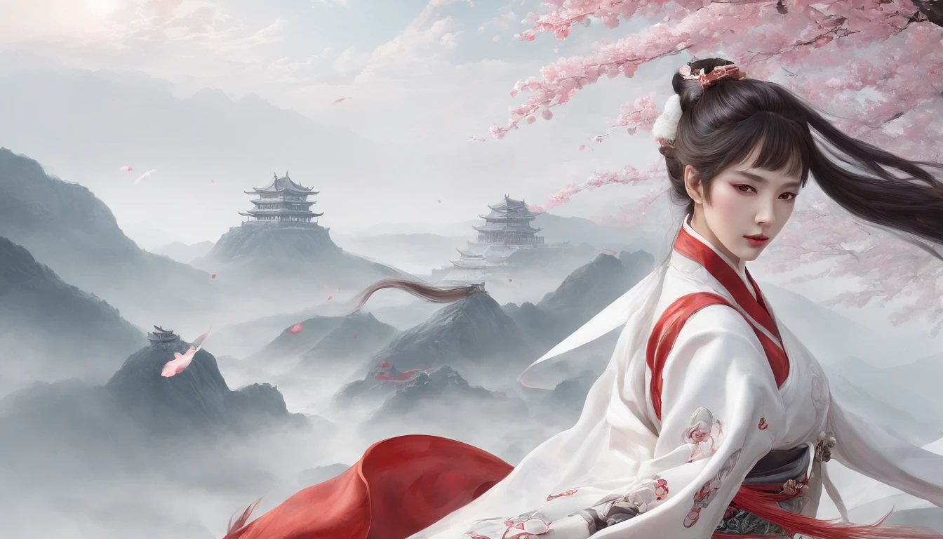 Luna Freya Knox Frey,动态照明,art stations,poster for,Volumetriclighting,Very detailed faces,4k wallpapers,He has a delicate and beautiful face,long hair flowing,horse tailed,Fringed Hair Ornament,Dynamic perspective,White Hanfu,White gauze flying,red waistband,Sexy,Tradition Chinese Ink Painting,Surrounded by clouds,cherry blossom,fog atmosphere,Ride a white dragon,White dragon horn,dynamic viewing angle,电影灯光