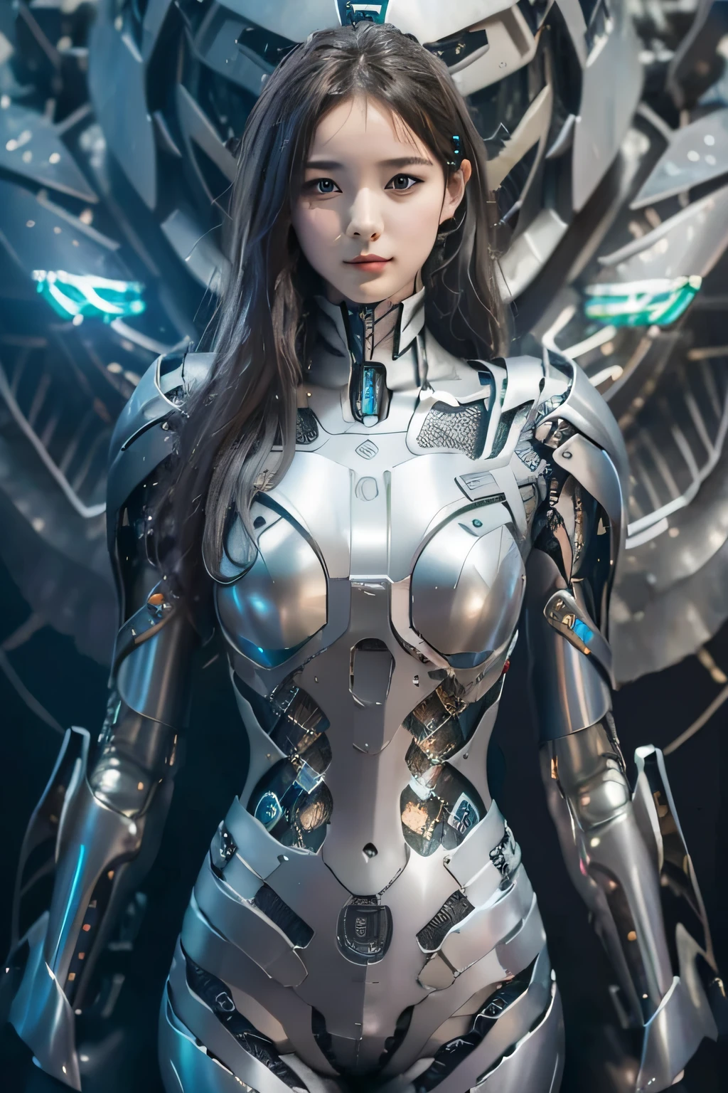 girl 18 years old, pelo largo gris, armadura estilo evangelion, senos medianos, en un datacenter, parada