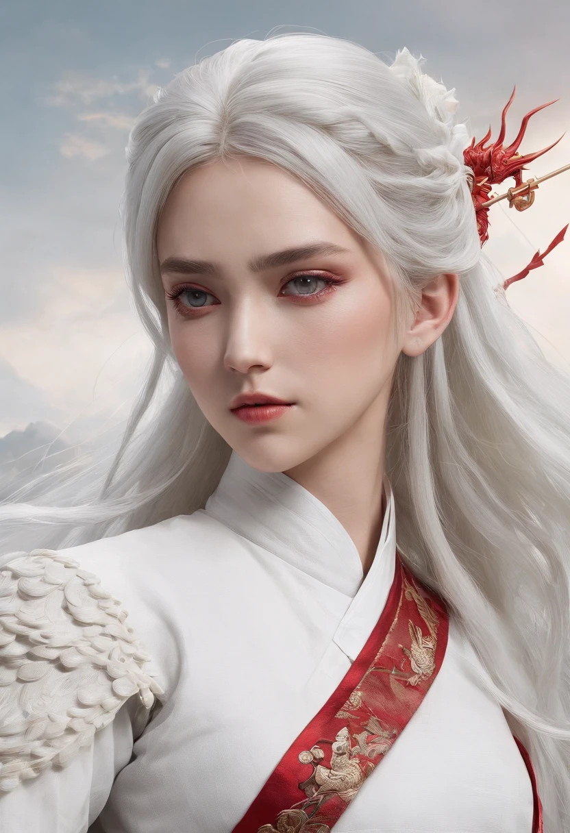 Cirilla Fiona Elen Riannon,动态照明,art stations,poster for,Volumetriclighting,Very detailed faces,4k wallpapers,He has a delicate and beautiful face,long hair flowing,horse tailed,Fringed Hair Ornament,Dynamic perspective,White Hanfu,White gauze flying,red waistband,Sexy,Tradition Chinese Ink Painting,Surrounded by clouds,fog atmosphere,Ride a white dragon,White dragon horn,dynamic viewing angle,电影灯光