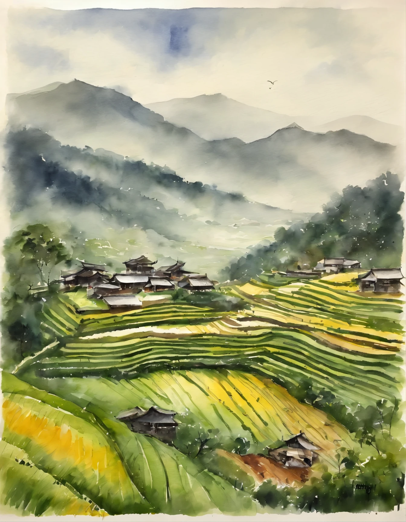 Large expanses of terraced fields, mountains, huts, with rice fields, rice fields, neat rice seedlings in the fields, misty rain, villages, agriculture, in the tranquil landscape, misty weather, in the vast tranquil landscape, in the early morning, in the morning mist, behind a small village, mist, Japanese countryside, thatched roofs --v 6