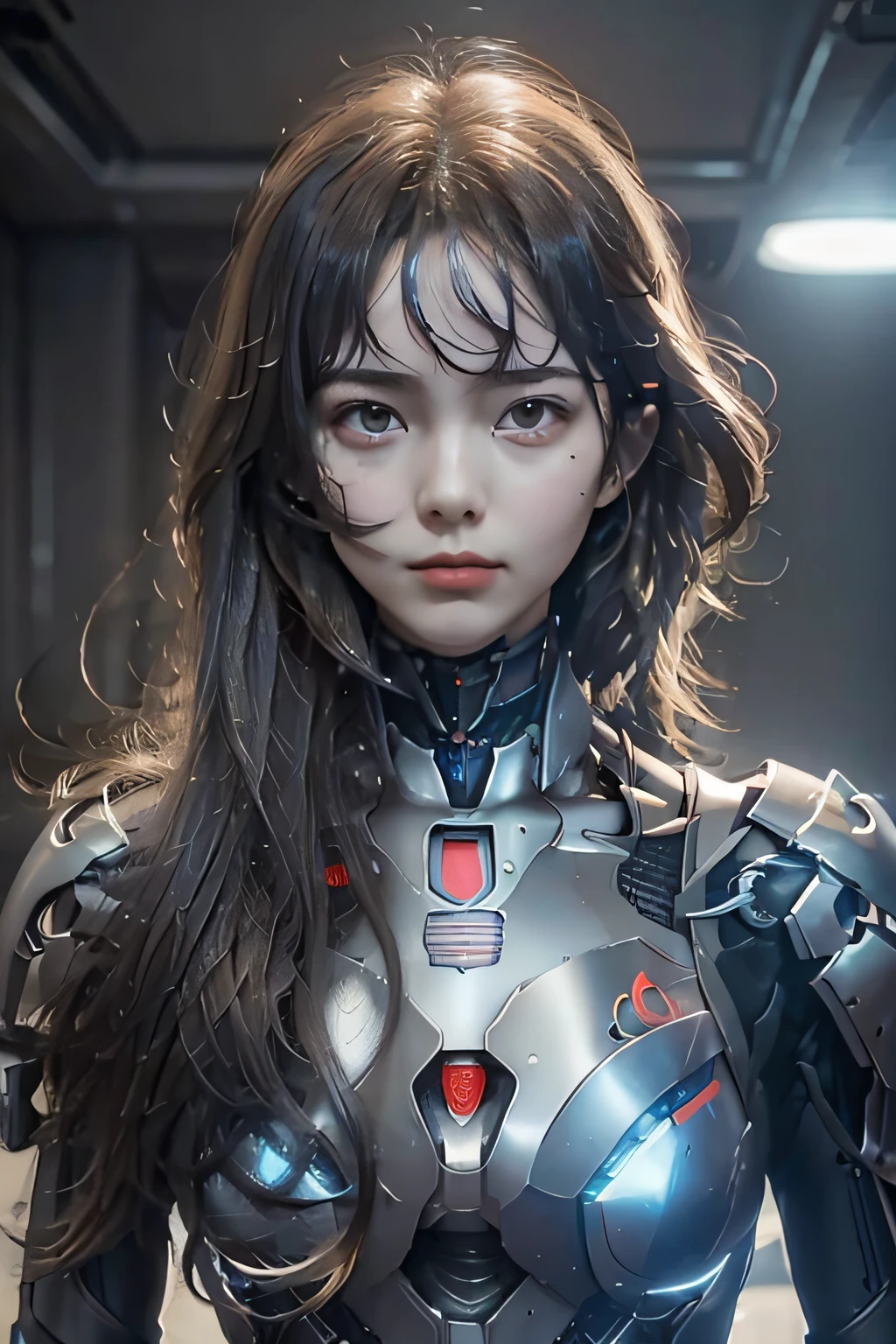 girl 18 years old, pelo largo gris, armadura estilo evangelion, senos medianos, en un datacenter, parada