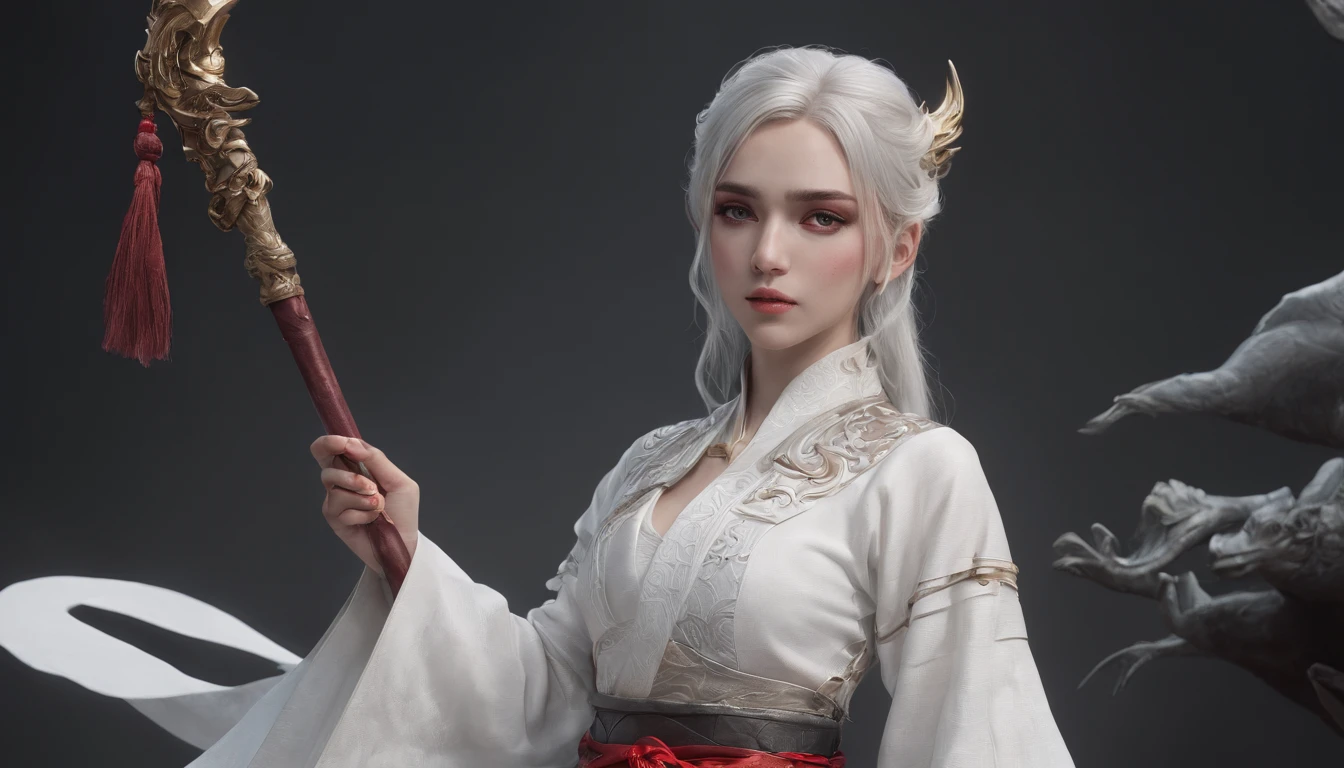 Cirilla Fiona Elen Riannon,动态照明,art stations,poster for,Volumetriclighting,Very detailed faces,4k wallpapers,He has a delicate and beautiful face,long hair flowing,horse tailed,Fringed Hair Ornament,Dynamic perspective,White Hanfu,White gauze flying,red waistband,Sexy,Tradition Chinese Ink Painting,Surrounded by clouds,fog atmosphere,Ride a white dragon,White dragon horn,dynamic viewing angle,电影灯光