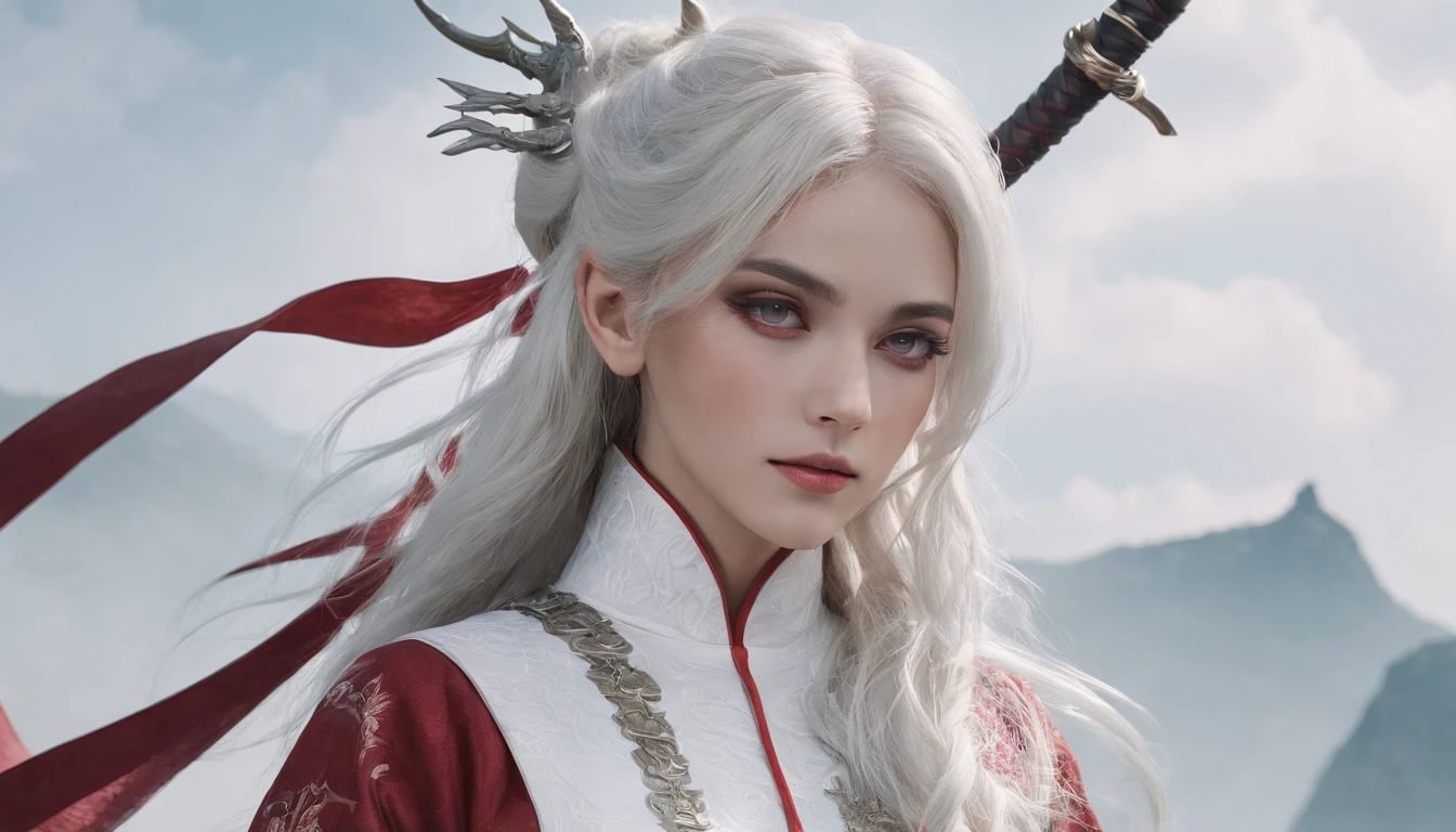 Cirilla Fiona Elen Riannon,动态照明,art stations,poster for,Volumetriclighting,Very detailed faces,4k wallpapers,He has a delicate and beautiful face,long hair flowing,horse tailed,Fringed Hair Ornament,Dynamic perspective,White Hanfu,White gauze flying,red waistband,Sexy,Tradition Chinese Ink Painting,Surrounded by clouds,fog atmosphere,Ride a white dragon,White dragon horn,dynamic viewing angle,电影灯光