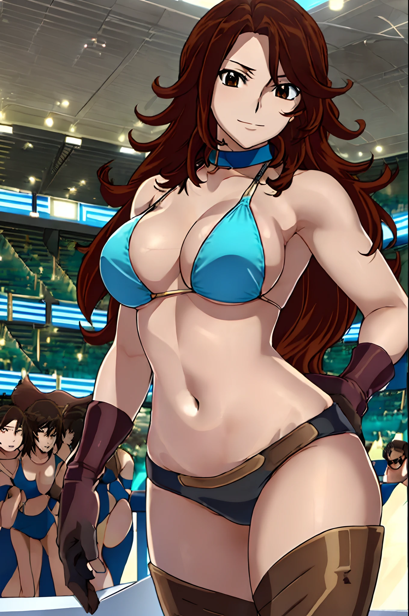 cowboy shot, upper body view, anime style: 1.8, anime drawing, ultra detailed face, ultra detailed body, 4k, Sumergai Lee Noriega, (standing, hands on hips), best quality, anime style, hires, highest definition, digital blending, bold drawing lines, ((slender body, female wrestler), (location: wrestling arena, crowds watching), (slender body, broad shoulders), woman, ((blue wrestling gear: bikini, boots, gloves, collar band, black bikini)), victorious, gorgeous, winner, smile, (pale skin), (big brg eyes, brown eyes), (warming up), (brown, long hair), 27 years old,