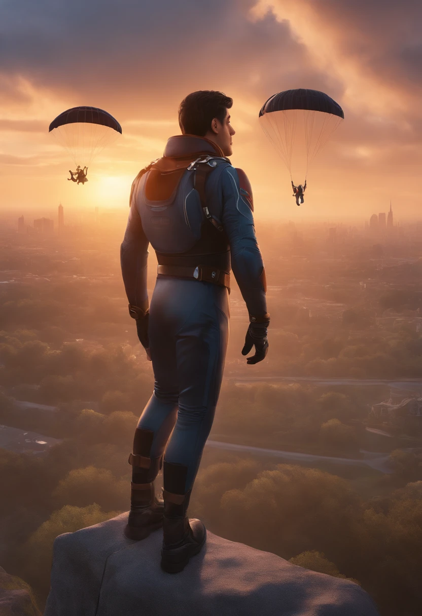 movie picture quality,Disney animation style,A 17-year-old boy rookie skydiver falls through the air, short detailed hair,skydiver outfit,depth of fields,high light,Real light,Ray traching,oc rendered,Hyper-realistic,best qualtiy,8K,Works of masters,super-fine,Detailed pubic hair,Correct anatomy,sharp focus on eyes,Bokeh,Facial features are carefully depicted,uncontrolled fall (best quality: 0.8), perfect anime illustration, high drama, scared expression, digital art portrait, best quality, sunset, high-quality cityscape background, view from above.