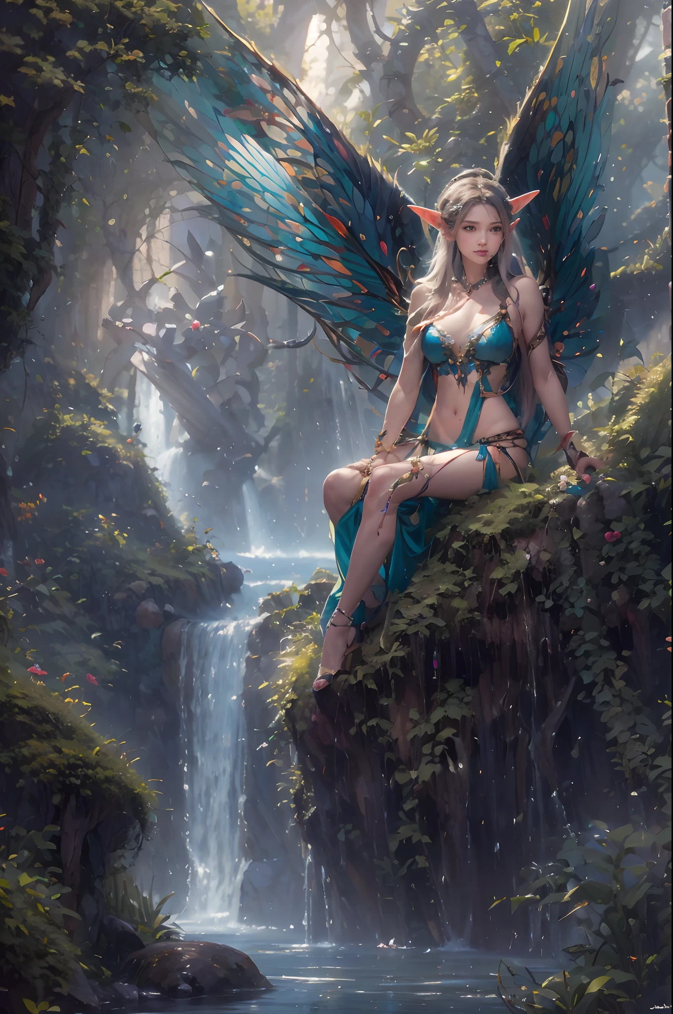 ( Absurd, High quality, Ultra-detailed, Masterpiece, concept-art, smooth, high detail artwork, Hyper-realistic painting ) , elf, Plum elf, plum , Transparent fairy wings, huge tit，low chest，fairytale-like, Romantic, Vivid, Whole body,hand behind back，Malu，In nature with waterfalls，PureErosFace_V1，Urzang-6500-V1 version.1，