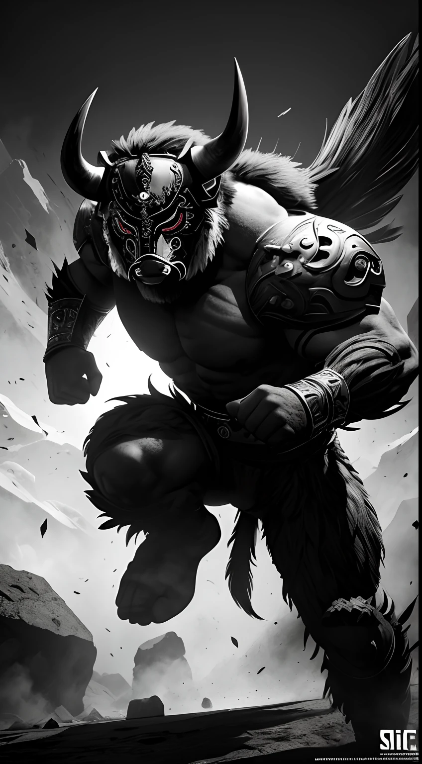 buffalo mask creature, weapon master style, black and white colors, fighting pose, full body, Animal Anthropomorphism, realistic digital, humanoid, abstract background, global illumination, intricate, epic, dramatic, masterpiece, high detail, best quality, ultra high res