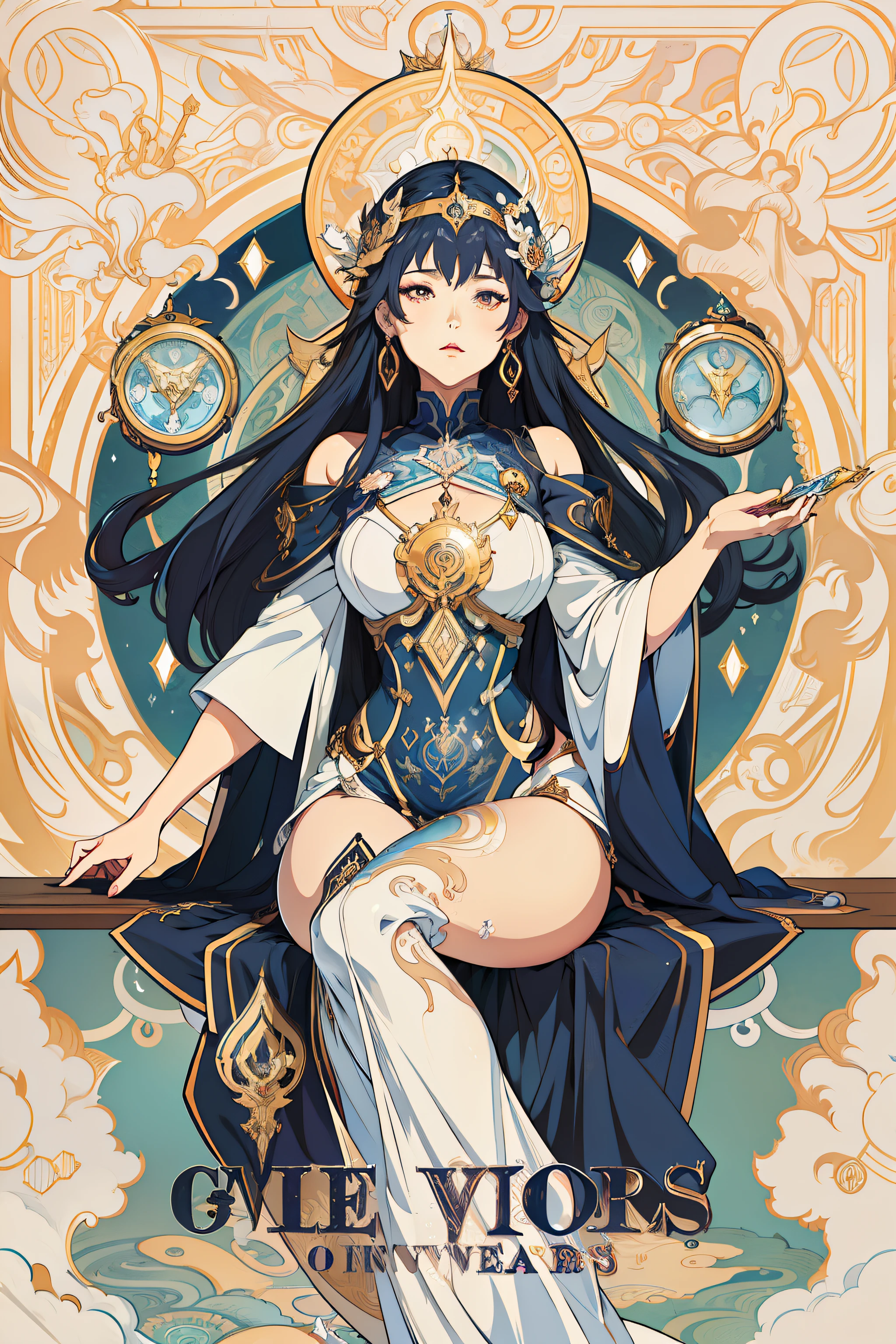 arafed image of a woman with a clock in her hands, sit on the half moon, alphonse mucha and rossdraws, mucha style 4k, artgerm mucha, korean art nouveau anime, portrait knights of zodiac girl, goddess. extremely high detail, anime fantasy illustration, detailed digital anime art, gorgeous goddess of leo, anime art nouveau, talor liner, stick liner. 6 colors.