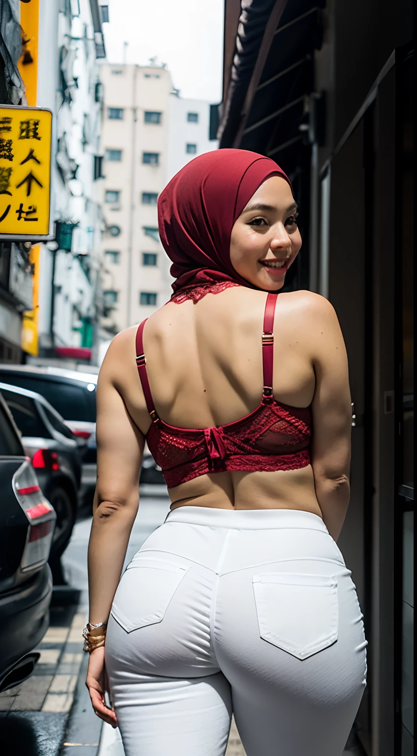 1 malay woman in hijab,((tight white high waist pants and red lace bra)),(Small buttocks),Emphasize ass,big round ass, Smaller chest,Clothes are sheer,Smiling smile, (hijab flying), de pele branca,big breasts thin waist, hongkong style street, Hyper-Realism, Cinematic lighting, depth of fields, From below, from back, vanishing point, F/2.8, Anatomically correct, Textured skin, Super Detail, awardwinning, Best Quality, hight resolution,