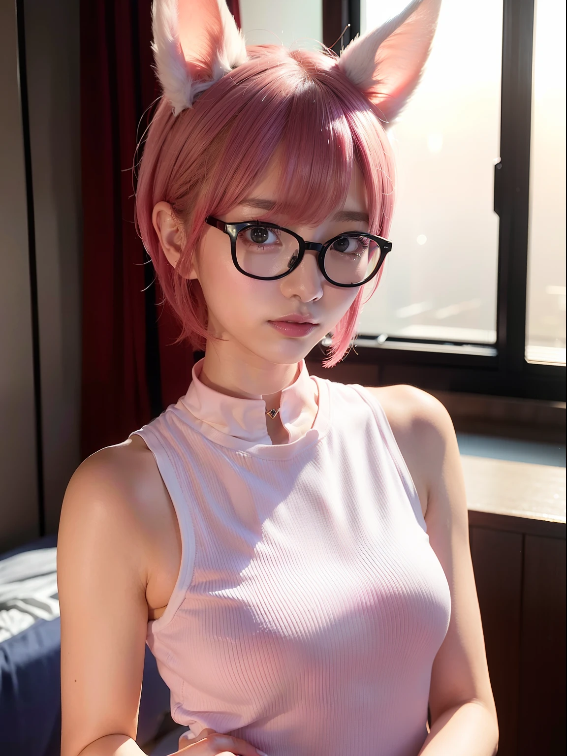 Wearing red glasses、white t-shirts、Skinny Jeans、pink shorth hair，(8K, top-quality, ​masterpiece:1.2), (realisitic, Photorealsitic:1.37), ultra-detailliert, 1 girl in, Whole body esbifa layer、cute little、独奏、Beautiful detailed night sky、tiny chest、small tits、（short-hair：1.2）、Floating Hair NovaFrogStyle、masuter piece、Pink Shortcut Bob、Realistic rabbit ears、Pink realistic rabbit ears、Realistic ears of rabbits sticking out of the head、Pink hair、Beautiful girl in her 20s、Bewitching atmosphere、Beautiful shaped hands、K-POP、Pink rabbit ears、1 girl in、独奏、​masterpiece、top-quality、realisitic、Hyper-detailing、(Glossy skin:1.4)、absurderes、short pink hair、Slender beauties、动态照明、hight resolution、foco nítido、depth of fields、(thick thight:1.0)、A slender :1.2，((Short-cut bob hair))、((k pop:1.3))，Highly detailed facial and skin texture、((魅惑的))，Anatomically correct number of fingers，Correct anatomy