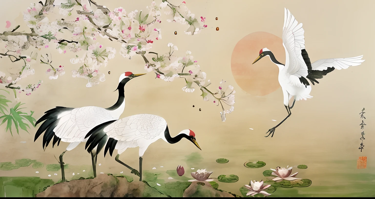 Chinese Style, Ink Painting, Gongbi Painting, Three Cranes, Begonia Flowers, Stones, Lotuses, Sun