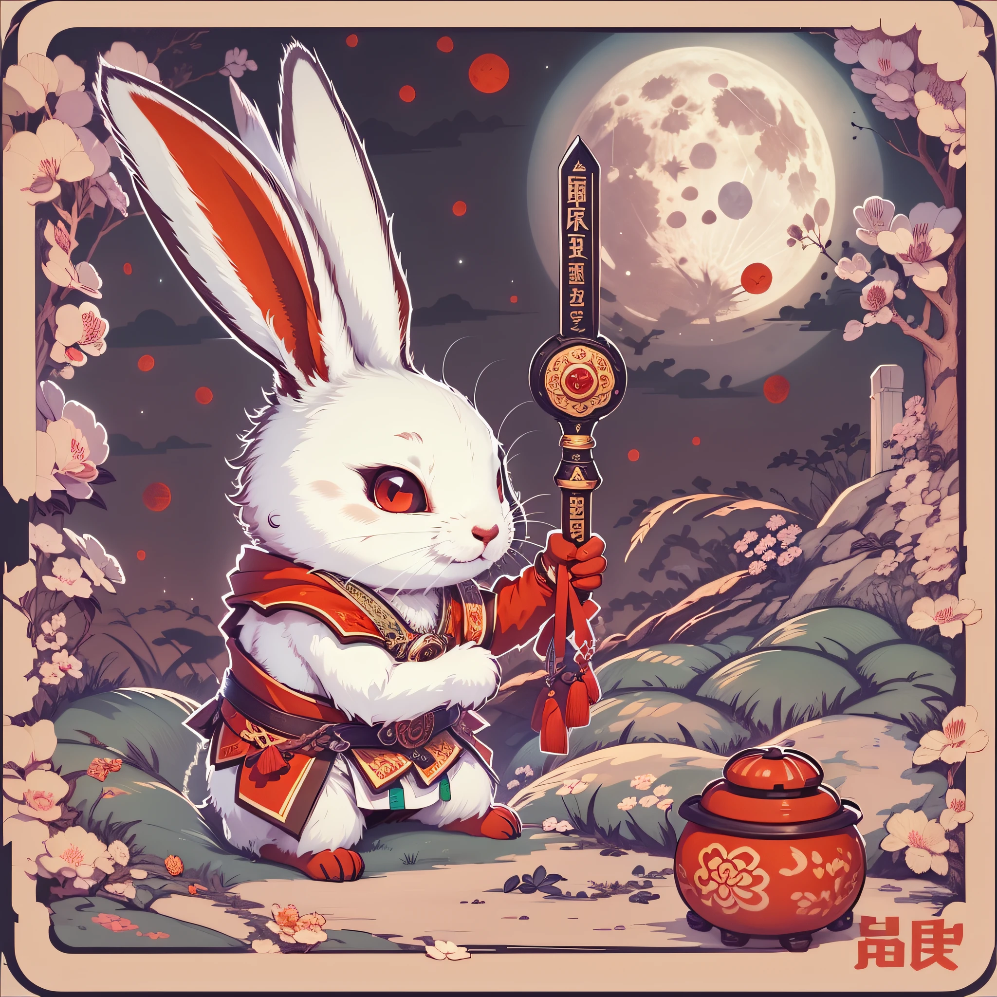 A cute white rabbit sticker, red eyes, a cute warrior , a full moon, a Chinese Classic Room, and a mysterious image. It's night but it's bright