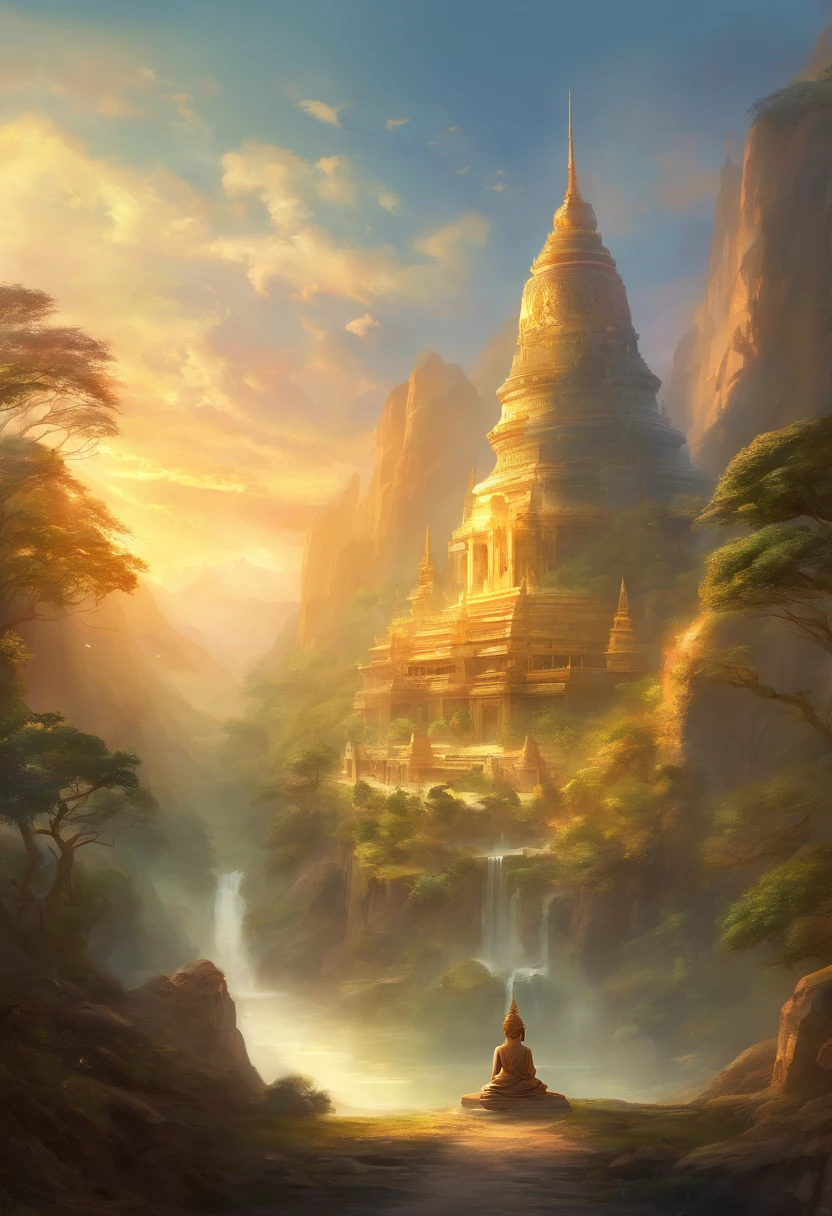 Tall seated Buddha statue in the distance, The sun shines on the mountains, Towering trees, And pilgrims on the road. The composition is beautiful, With masterpieces, Details, and high definition