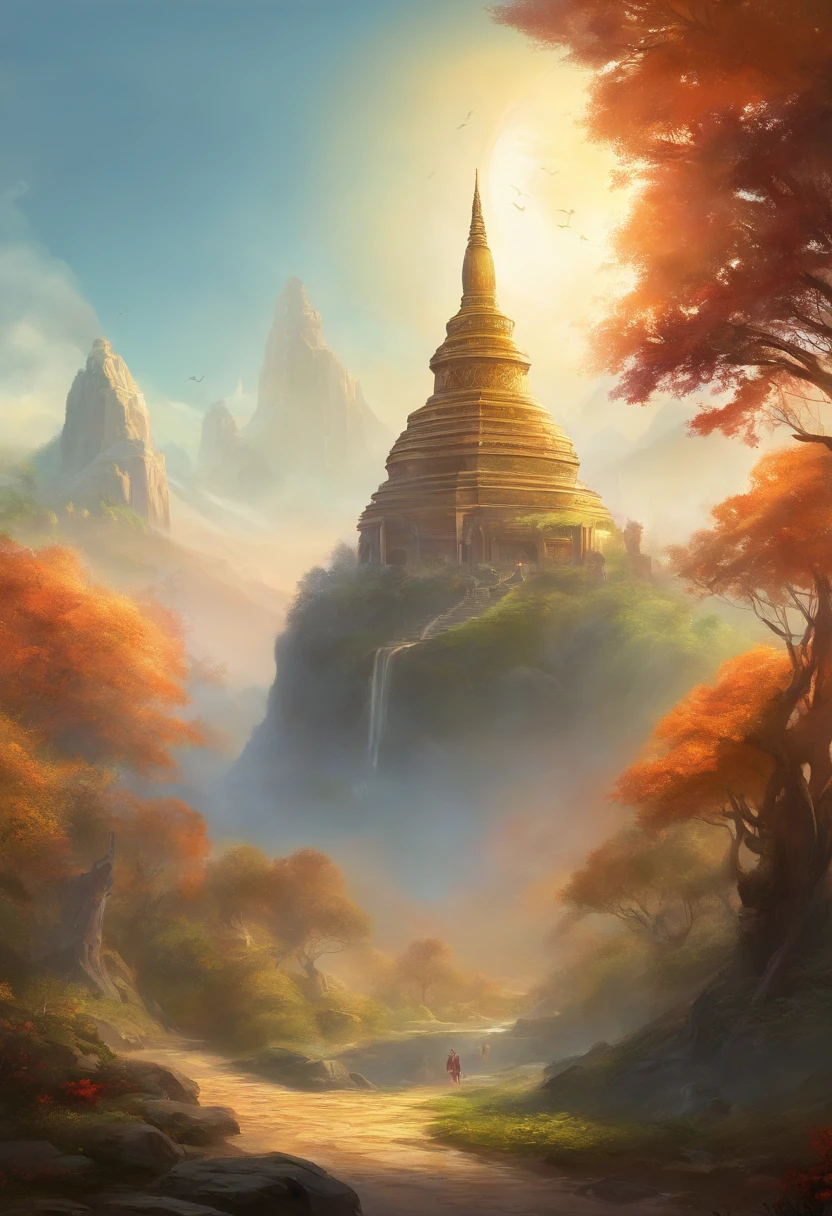 Tall seated Buddha statue in the distance, The sun shines on the mountains, Towering trees, And pilgrims on the road. The composition is beautiful, With masterpieces, Details, and high definition