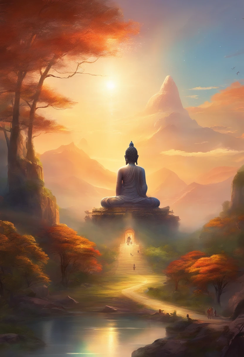 A huge Chinese-style Buddha statue in the distance,Golden Buddha statue, Texture, Tall, Majestic, inverted image, The background is illuminated by sunlight, Towering trees, Pilgrims walk the road. The composition is beautiful, With masterpieces, Details, and high definition