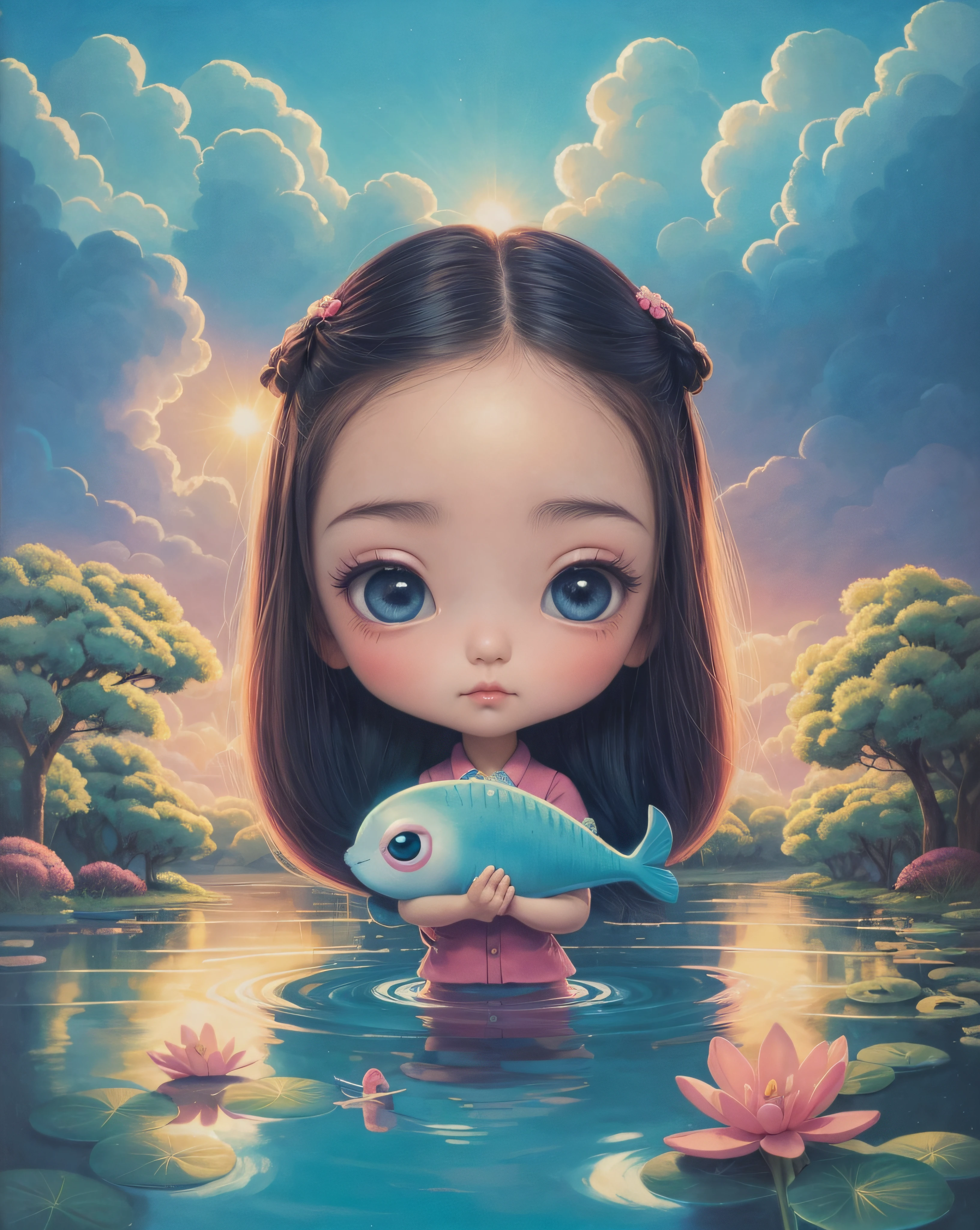 there is a girl wearing black dress sitting on a violet inflatable pool, like wednesday addams, black hair, adorable digital painting, gorgeous digital painting, beautiful digital painting, realistic cute girl painting, cute digital art, cute detailed digital art, realistic, cute, spotlight, rim light, detailed fabric textures, pink costume, reflective, best quality, 4k, masterpiece:1.2, ultra-detailed, realistic, vivid colors, dark and moody lighting, The image of the highest quality, ensuring every detail showcased perfectly. It in 4k resolution, allowing viewers to immerse themselves in the richness of the colors and intricate details. The realistic rendering. under the spotlight, reflecting, high-resolution image, realistic rendering, dark background, and rim light
