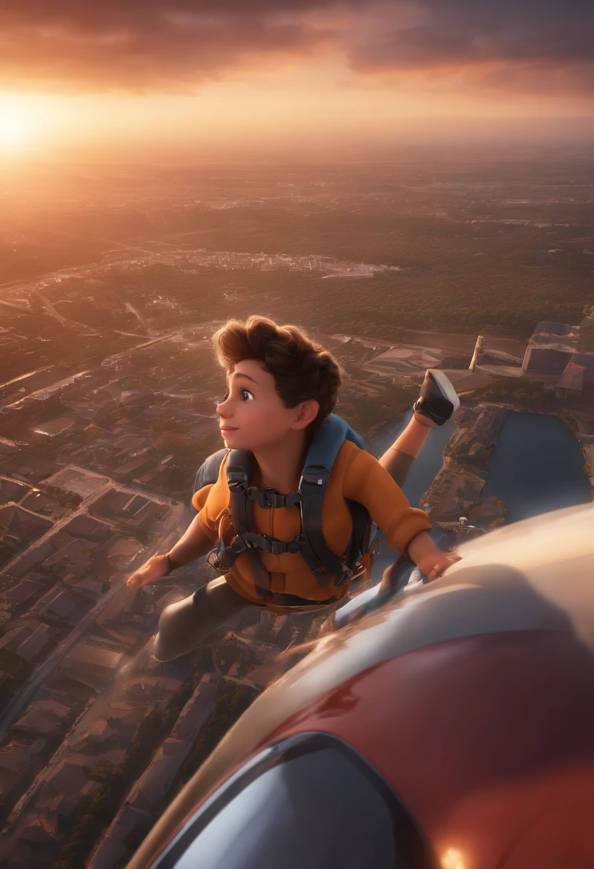 movie picture quality,Disney animation style,A 16-year-old boy rookie skydiver falls through the air, short detailed hair,skydiver outfit,depth of fields,high light,Real light,Ray traching,oc rendered,Hyper-realistic,best qualtiy,8K,Works of masters,super-fine,Correct anatomy,sharp focus on eyes,Bokeh,Facial features are carefully depicted, uncontrolled fall (best quality: 0.8), high drama, scared expression, digital art portrait, best quality, sunset, high-quality cityscape background, view from above.