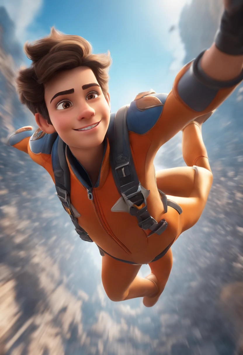movie picture quality,Disney animation style,A -yeld boookie skydiver falls through the air, short detailed hair,skydiver outfit,depth of fields,high light,Real light,Ray traching,oc rendered,Hyper-realistic,best qualtiy,8K,Works of masters,super-fine,Correct anatomy,sharp focus on eyes,Bokeh,Facial features are carefully depicted, uncontrolled fall (best quality: 0.8), high drama, scared expression, digital art portrait, best quality, sunset, high-quality cityscape background, view from above.