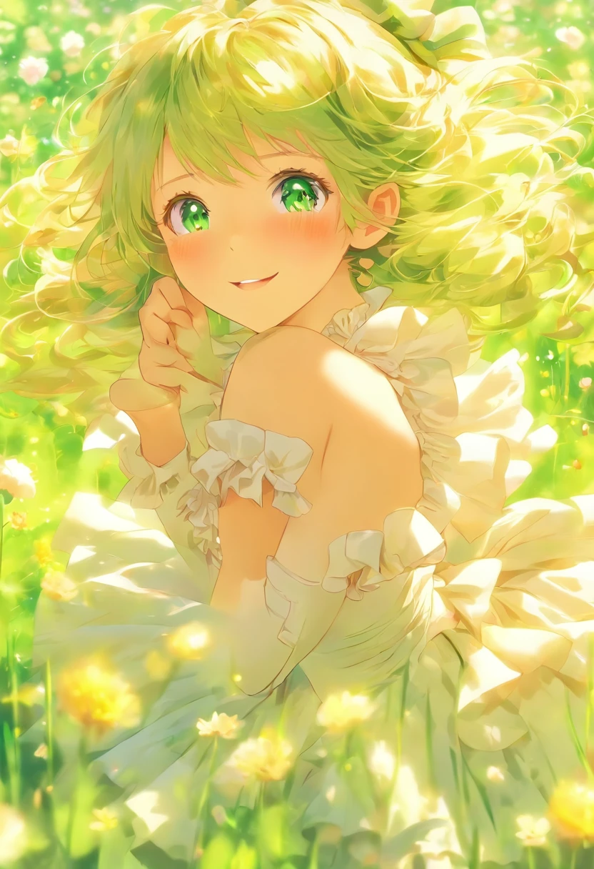 White frilled dress,White pantyhose, ,Puffy sleeves,white hair bow,Flowering meadow,garden,Anime girl wearing skirt in flower field, Loli girl in a dress, Official anime artwork, Violet Evergarden,Green hair, Emerald hair,green long hair,Elf Princess, Emerald eyes,the elf,anime visual of a cute girl, beautiful teenage girl, cute anime waifu in a nice dress, anime key visual of elegant, offcial art, Long haired green hair anime girl,