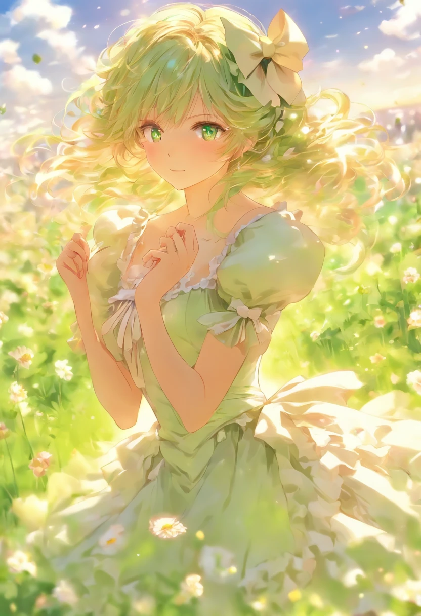 White frilled dress,White pantyhose, ,Puffy sleeves,white hair bow,Flowering meadow,garden,Anime girl wearing skirt in flower field, girl in a dress, Official anime artwork, Violet Evergarden,Green hair, Emerald hair,green long hair,Elf Princess, Emerald eyes,the elf,anime visual of a cute girl, beautiful teengirl, cute anime waifu in a nice dress, anime key visual of elegant, offcial art, Long haired green hair anime girl,