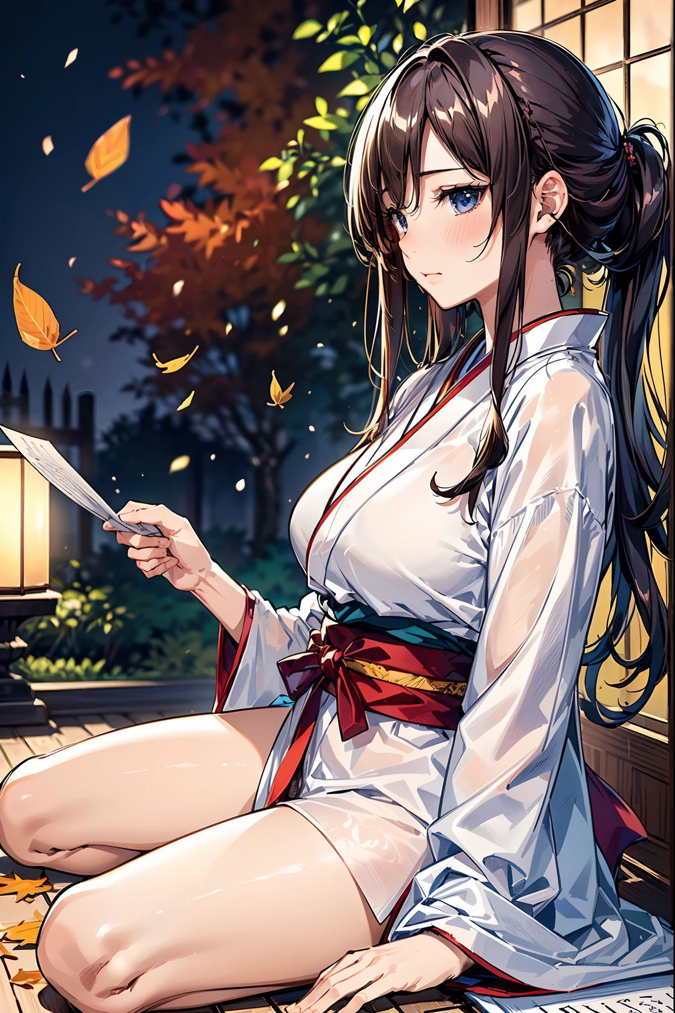 ((landscape photography:1.2, falling leaves)), A girl in Japanese clothes composes a haiku amidst the autumn leaves, ((white kimono:1.2, fine detailed, with printed flowers)), ((holding slim rectangle paper and Japanese blush:1.37)), sitting, sitting on the porch of the temple grounds, writing poem, cozy wallpaper, anime moe artstyle, kantai collection style, 4 k manga wallpaper, anime visual of a cute girl, anime wallaper, anime style 4 k, ((dark chestnut medium short hair:1.25, updo, wavy hair)), outdoor, in a Japanese classic garden, Japanese temple, fallen leaves, falling leaves, (blurry background, bokeh), (in a twilight:1.2), ((ultra high resolution, 8K RAW photo, photo realistics:1.2)), fine detailed face, beautiful detailed eyes, ultra detailed smooth skin, (looking away, with weak smiling), ((sfw:1.37)), (correct anatomy:1.5), (dynamic angle:1.1, dutch angle:1.2, wide shot:1.3, from side),