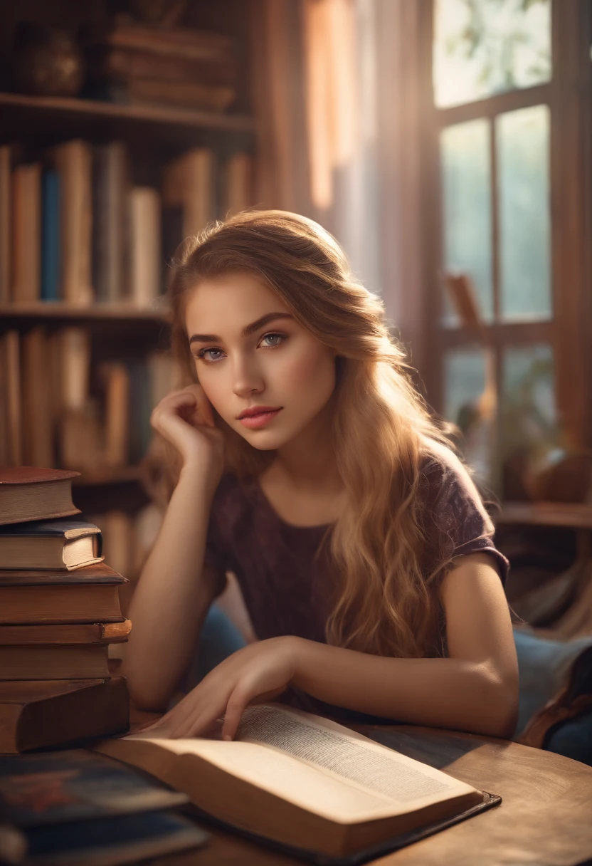 High school girl with athletic nice, charming eyes and looking at a book