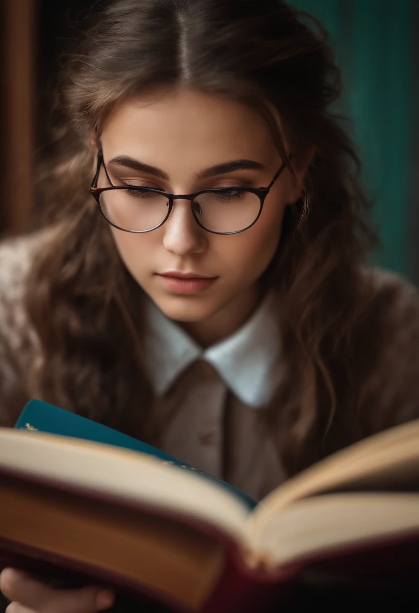 High school girl with athletic nice, charming eyes and looking at a book