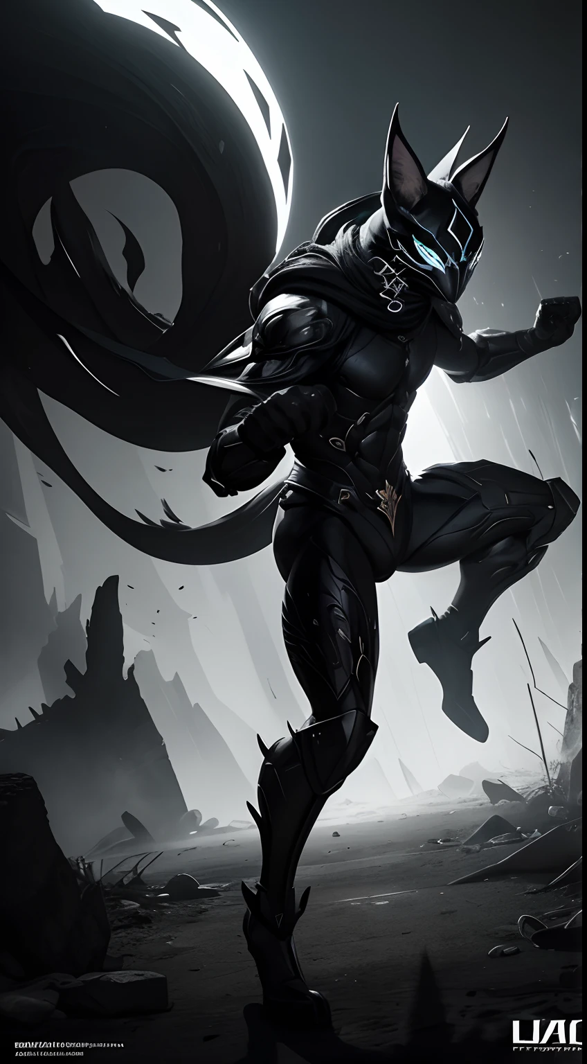 caracal mask creature, weapon master style, black and white colors, fighting pose, full body, Animal Anthropomorphism, realistic digital, humanoid, abstract background, global illumination, intricate, epic, dramatic, masterpiece, high detail, best quality, ultra high res
