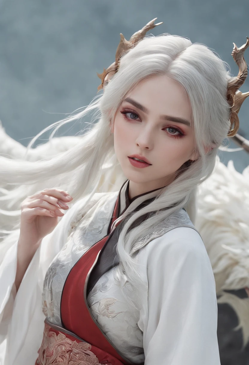 Cirilla Fiona Elen Riannon，动态照明，art  stations，poster for，Volumetriclighting，Very detailed faces，4k wallpapers，He has a delicate and beautiful face，long hair flowing，horse tailed，Fringed Hair Ornament，Dynamic perspective，White Hanfu，White gauze flying，red waistband，Sexy，Tradition Chinese Ink Painting，Surrounded by clouds，fog atmosphere，Ride a white dragon，White dragon horn，dynamic viewing angle，电影灯光