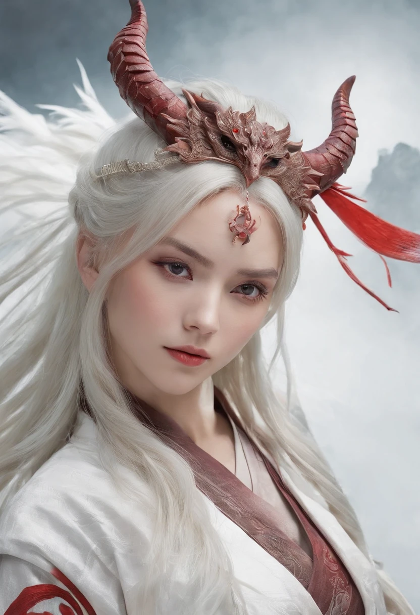 Cirilla Fiona Elen Riannon,动态照明,art stations,poster for,Volumetriclighting,Very detailed faces,4k wallpapers,He has a delicate and beautiful face,long hair flowing,horse tailed,Fringed Hair Ornament,Dynamic perspective,White Hanfu,White gauze flying,red waistband,Sexy,Tradition Chinese Ink Painting,Surrounded by clouds,fog atmosphere,Ride a white dragon,White dragon horn,dynamic viewing angle,电影灯光