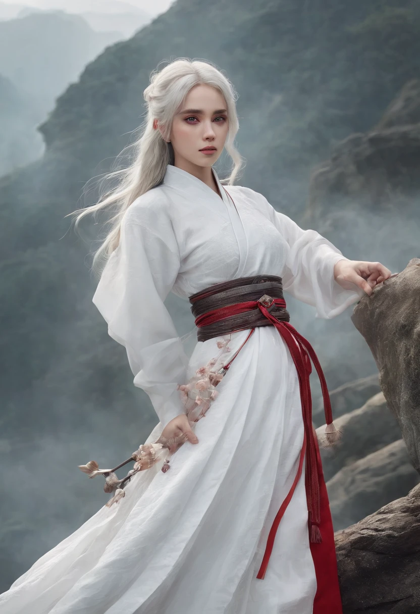 Cirilla Fiona Elen Riannon，动态照明，art  stations，poster for，Volumetriclighting，Very detailed faces，4k wallpapers，He has a delicate and beautiful face，long hair flowing，horse tailed，Fringed Hair Ornament，Dynamic perspective，White Hanfu，White gauze flying，red waistband，Sexy，Tradition Chinese Ink Painting，Surrounded by clouds，fog atmosphere，Ride a white dragon，White dragon horn，dynamic viewing angle，电影灯光