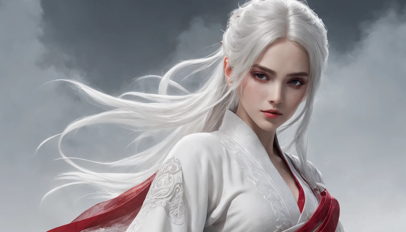 Cirilla Fiona Elen Riannon,动态照明,art stations,poster for,Volumetriclighting,Very detailed faces,4k wallpapers,He has a delicate and beautiful face,long hair flowing,horse tailed,Fringed Hair Ornament,Dynamic perspective,White Hanfu,White gauze flying,red waistband,Sexy,Tradition Chinese Ink Painting,Surrounded by clouds,fog atmosphere,Ride a white dragon,White dragon horn,dynamic viewing angle,电影灯光