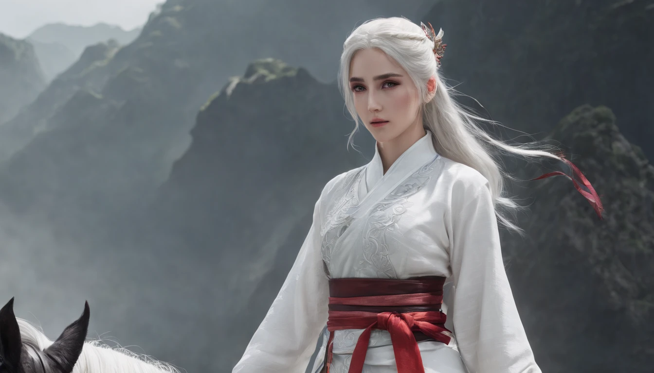 Cirilla Fiona Elen Riannon,动态照明,art stations,poster for,Volumetriclighting,Very detailed faces,4k wallpapers,He has a delicate and beautiful face,long hair flowing,horse tailed,Fringed Hair Ornament,Dynamic perspective,White Hanfu,White gauze flying,red waistband,Sexy,Tradition Chinese Ink Painting,Surrounded by clouds,fog atmosphere,Ride a white dragon,White dragon horn,dynamic viewing angle,电影灯光